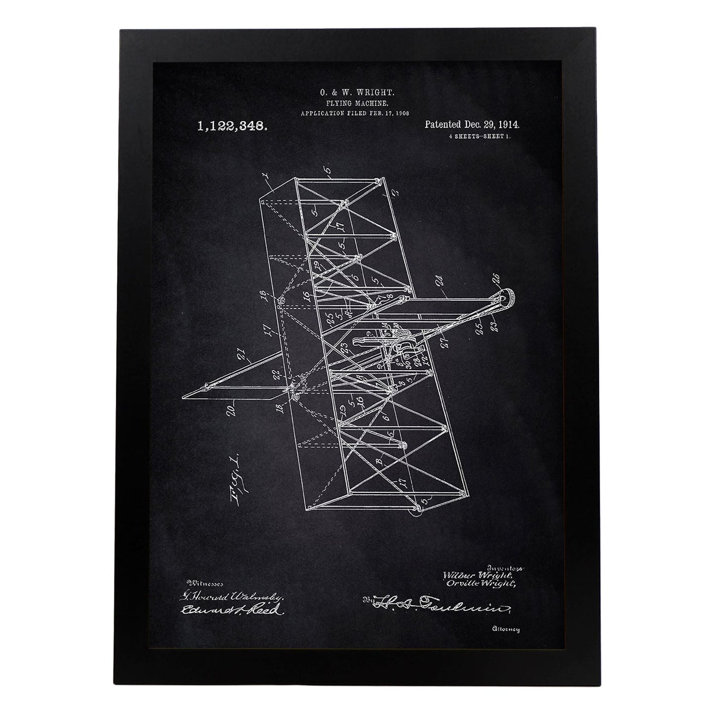 Poster con patente de Maquina voladora. Lámina con diseño de patente antigua-Artwork-Nacnic-A3-Marco Negro-Nacnic Estudio SL