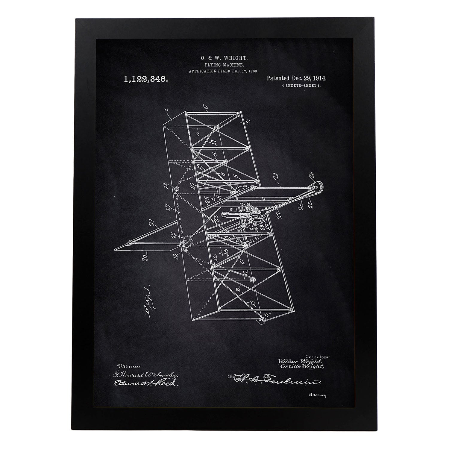 Poster con patente de Maquina voladora. Lámina con diseño de patente antigua-Artwork-Nacnic-A4-Marco Negro-Nacnic Estudio SL