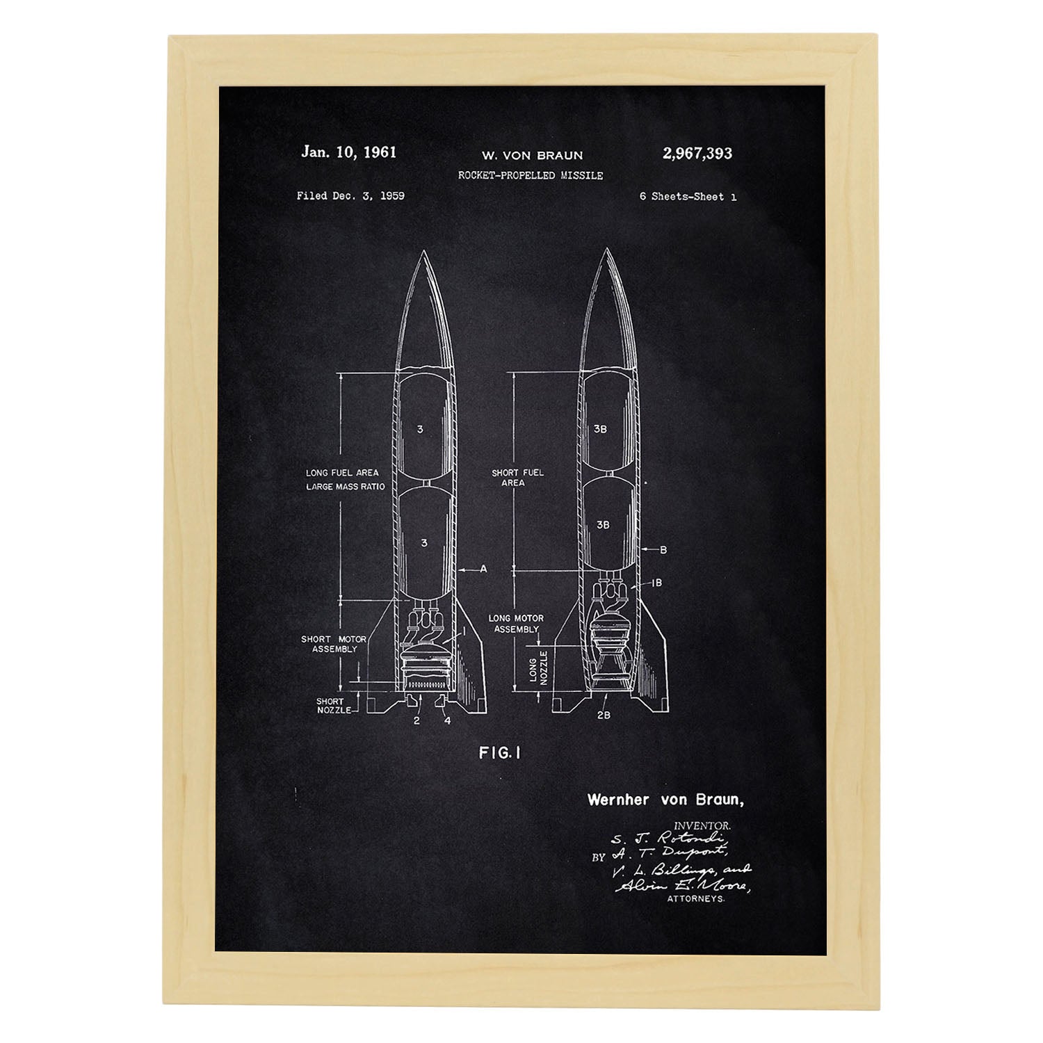 Poster con patente de Misil. Lámina con diseño de patente antigua-Artwork-Nacnic-A3-Marco Madera clara-Nacnic Estudio SL
