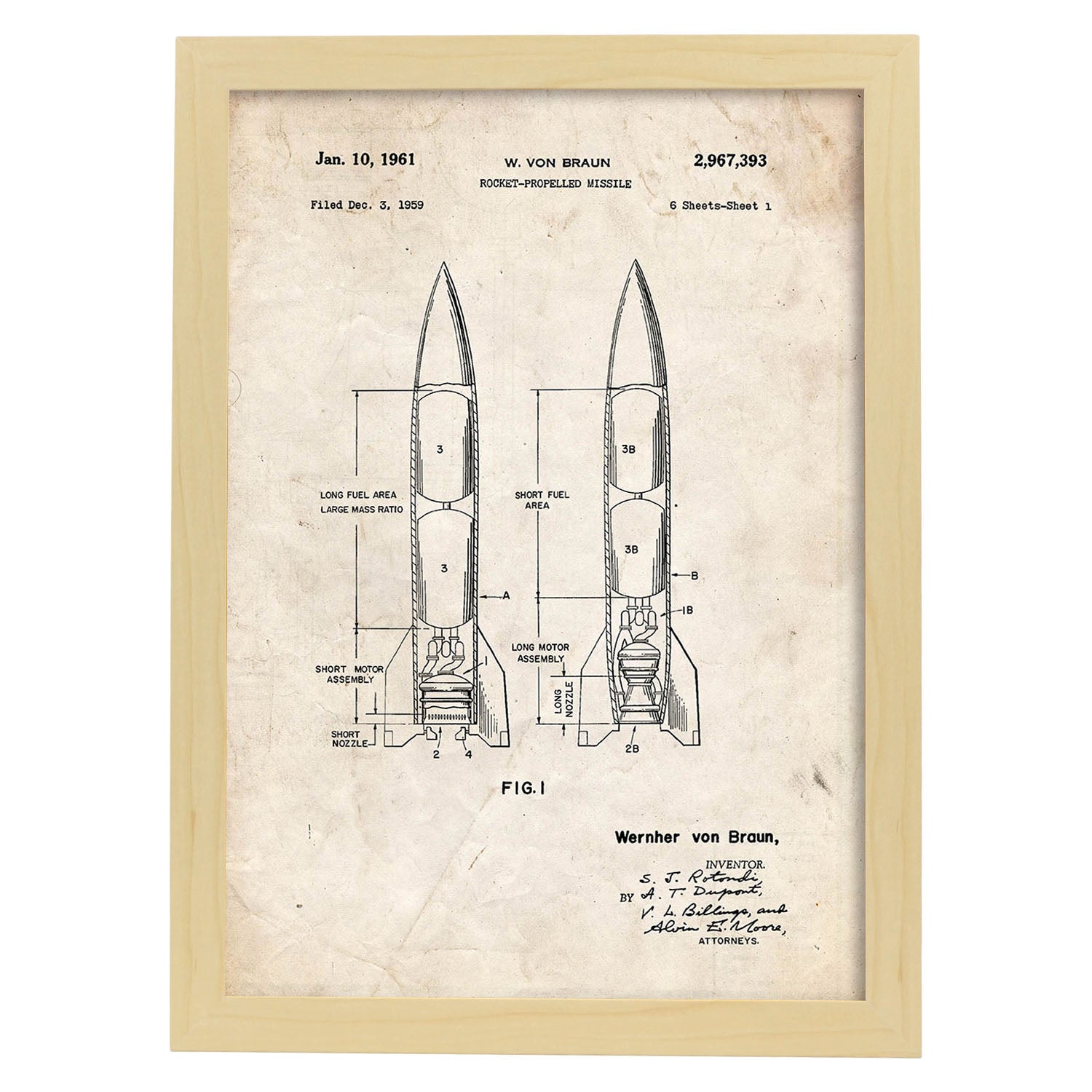 Poster con patente de Misil. Lámina con diseño de patente antigua.-Artwork-Nacnic-A3-Marco Madera clara-Nacnic Estudio SL