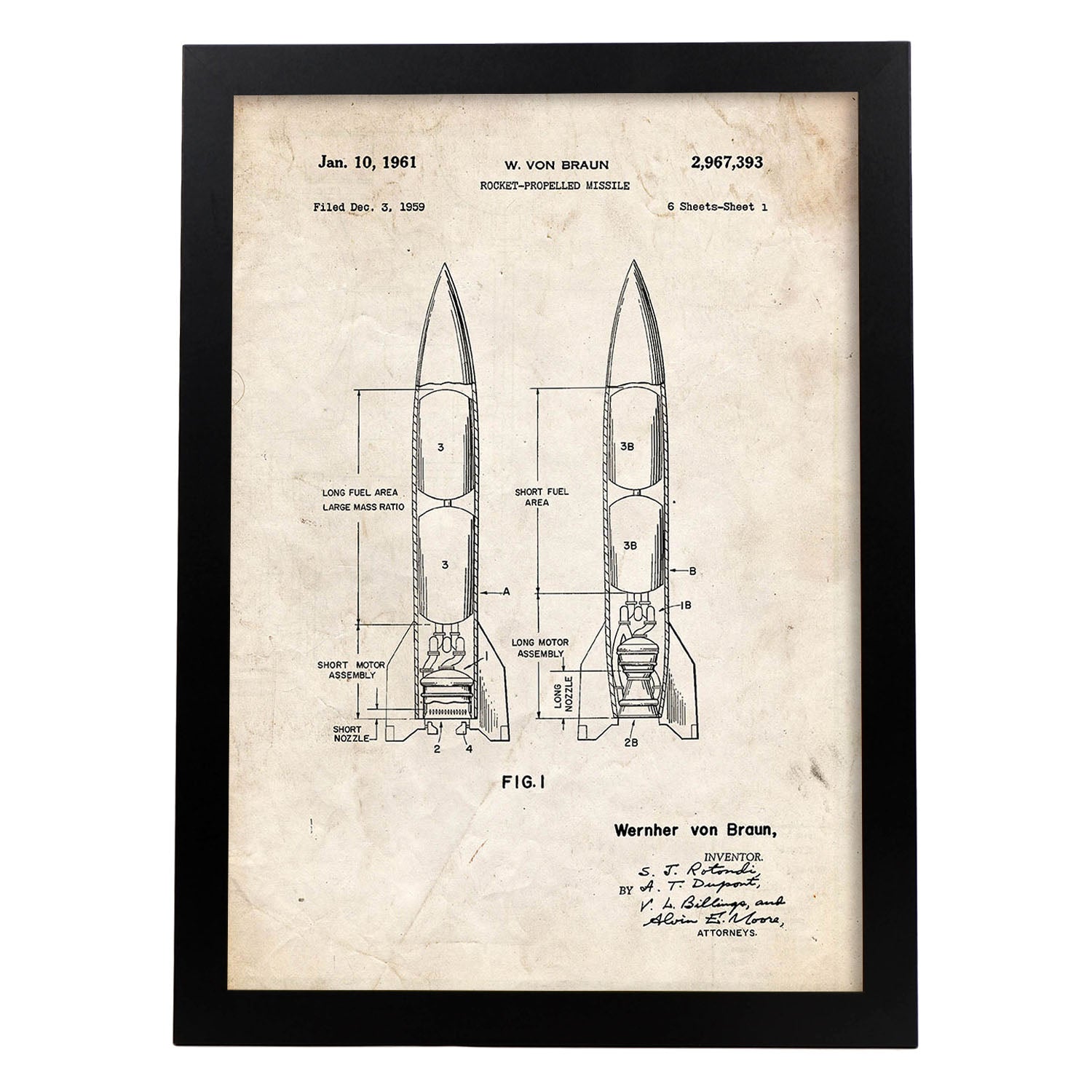 Poster con patente de Misil. Lámina con diseño de patente antigua.-Artwork-Nacnic-A3-Marco Negro-Nacnic Estudio SL