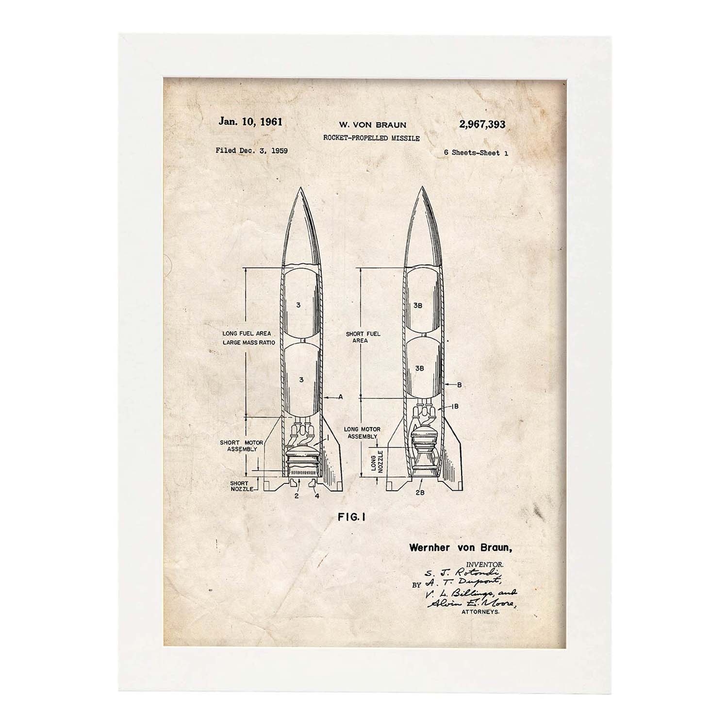 Poster con patente de Misil. Lámina con diseño de patente antigua.-Artwork-Nacnic-A4-Marco Blanco-Nacnic Estudio SL