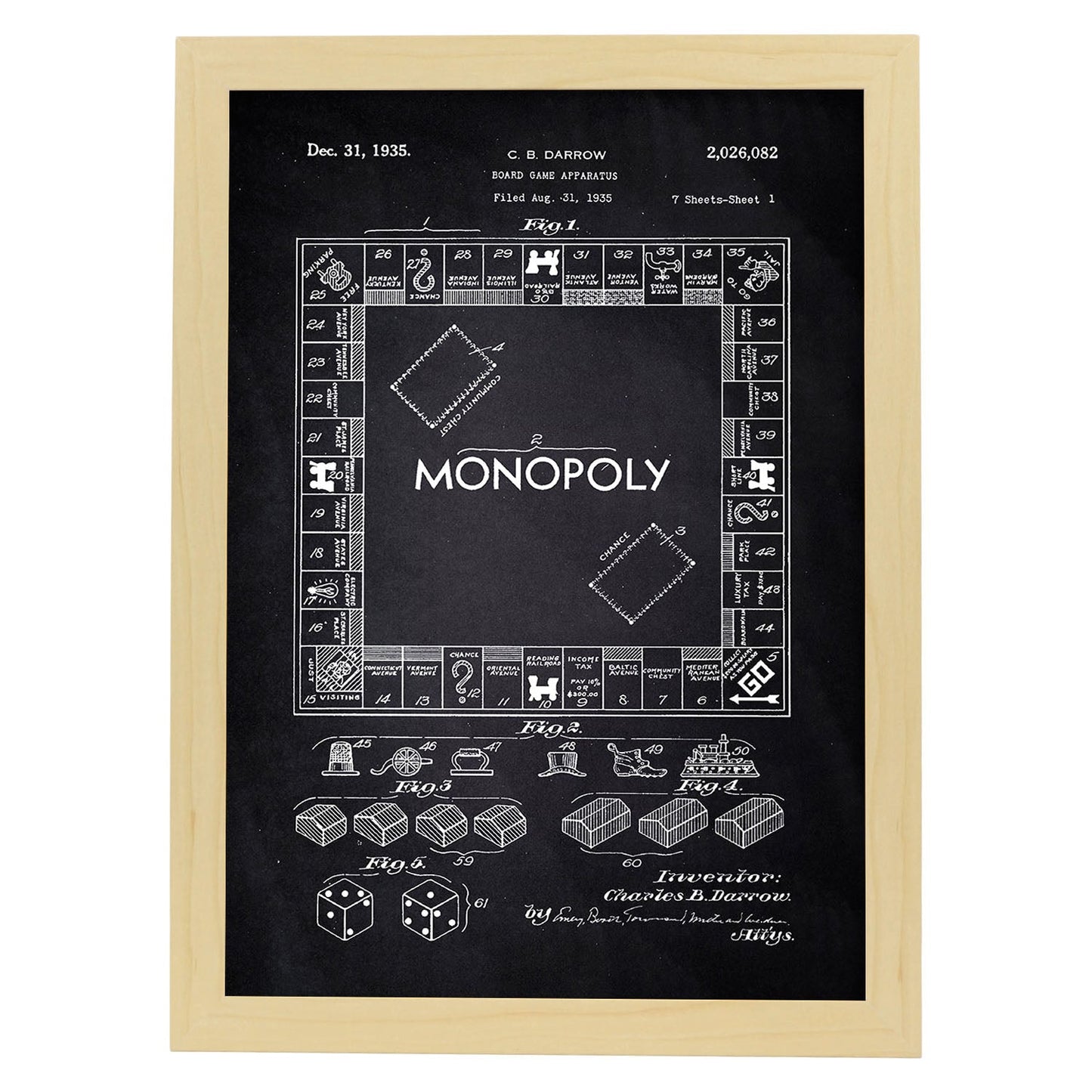 Poster con patente de Monopoly. Lámina con diseño de patente antigua-Artwork-Nacnic-A3-Marco Madera clara-Nacnic Estudio SL