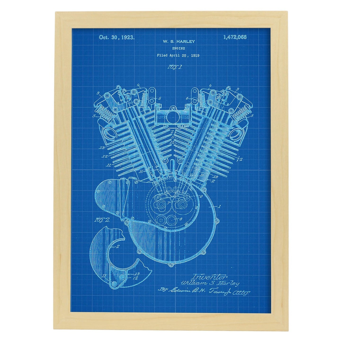 Poster con patente de Motor de combustion Harley Davidson. Lámina con diseño de patente antigua-Artwork-Nacnic-A3-Marco Madera clara-Nacnic Estudio SL