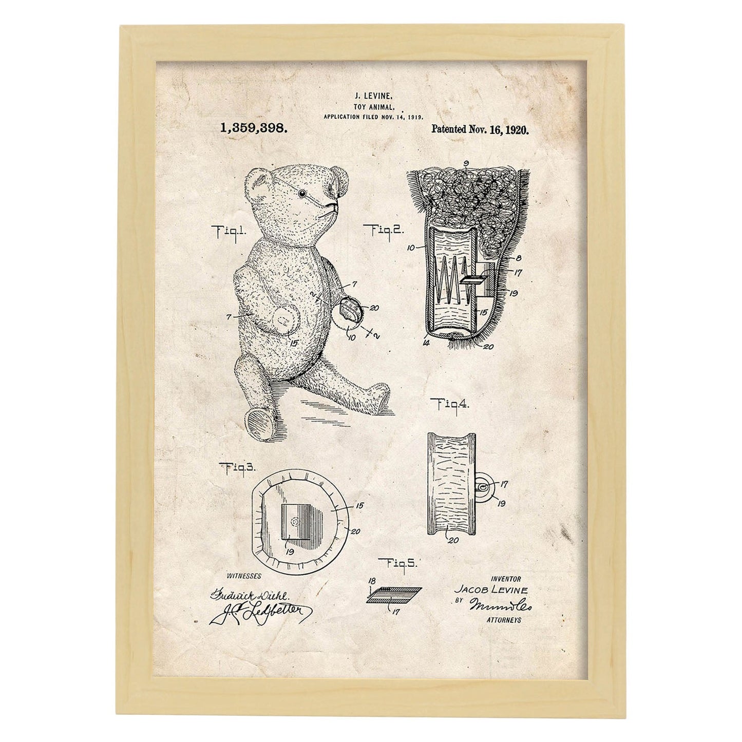 Poster con patente de Osito de peluche. Lámina con diseño de patente antigua.-Artwork-Nacnic-A4-Marco Madera clara-Nacnic Estudio SL
