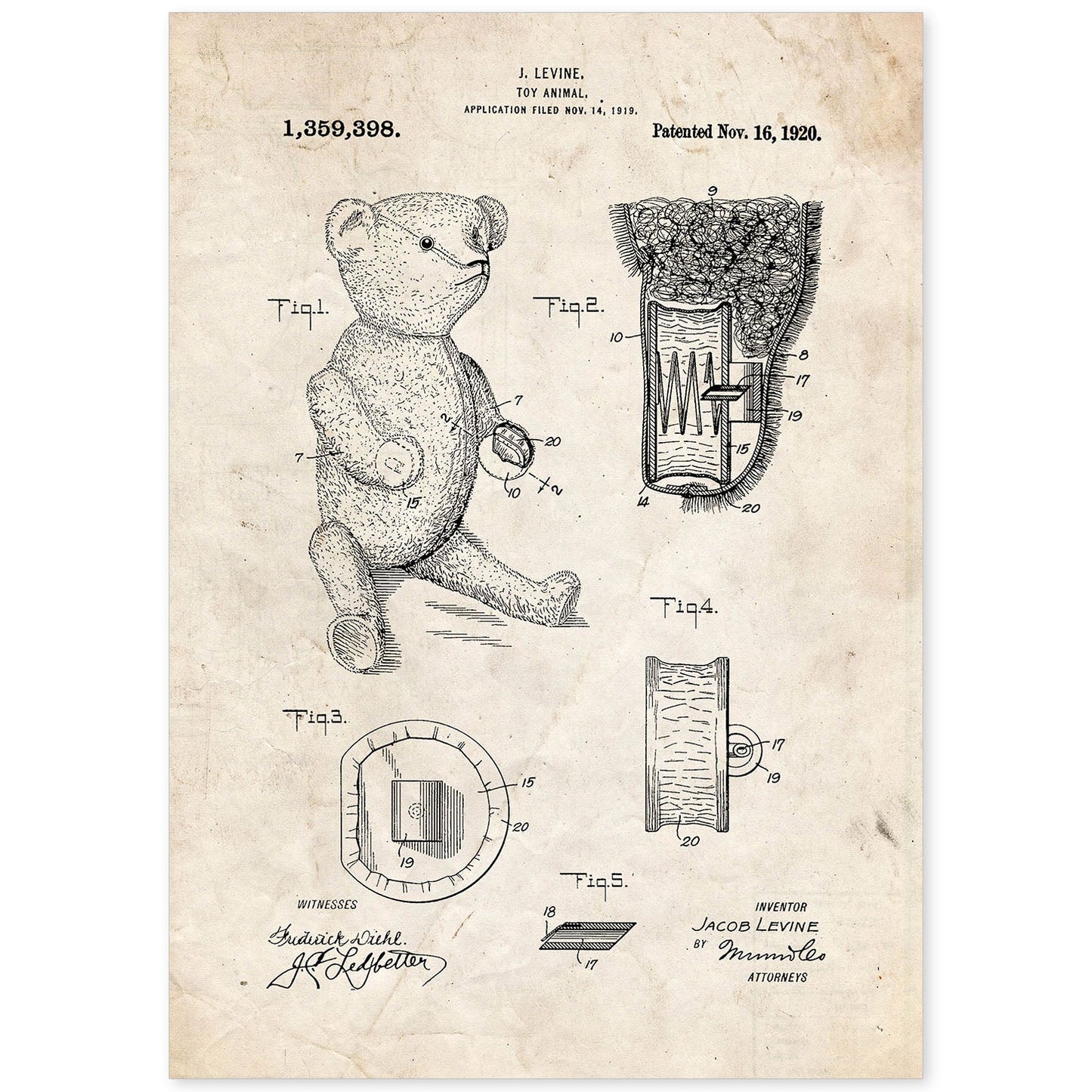 Poster con patente de Osito de peluche. Lámina con diseño de patente antigua.-Artwork-Nacnic-A4-Sin marco-Nacnic Estudio SL