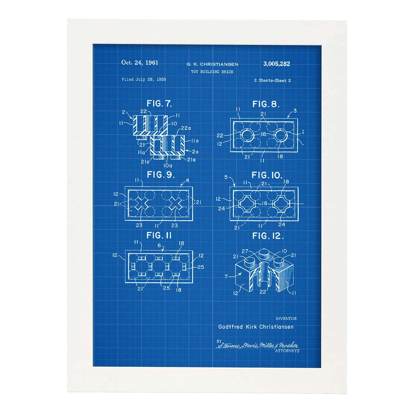 Poster con patente de Piezas lego 2. Lámina con diseño de patente antigua-Artwork-Nacnic-A4-Marco Blanco-Nacnic Estudio SL