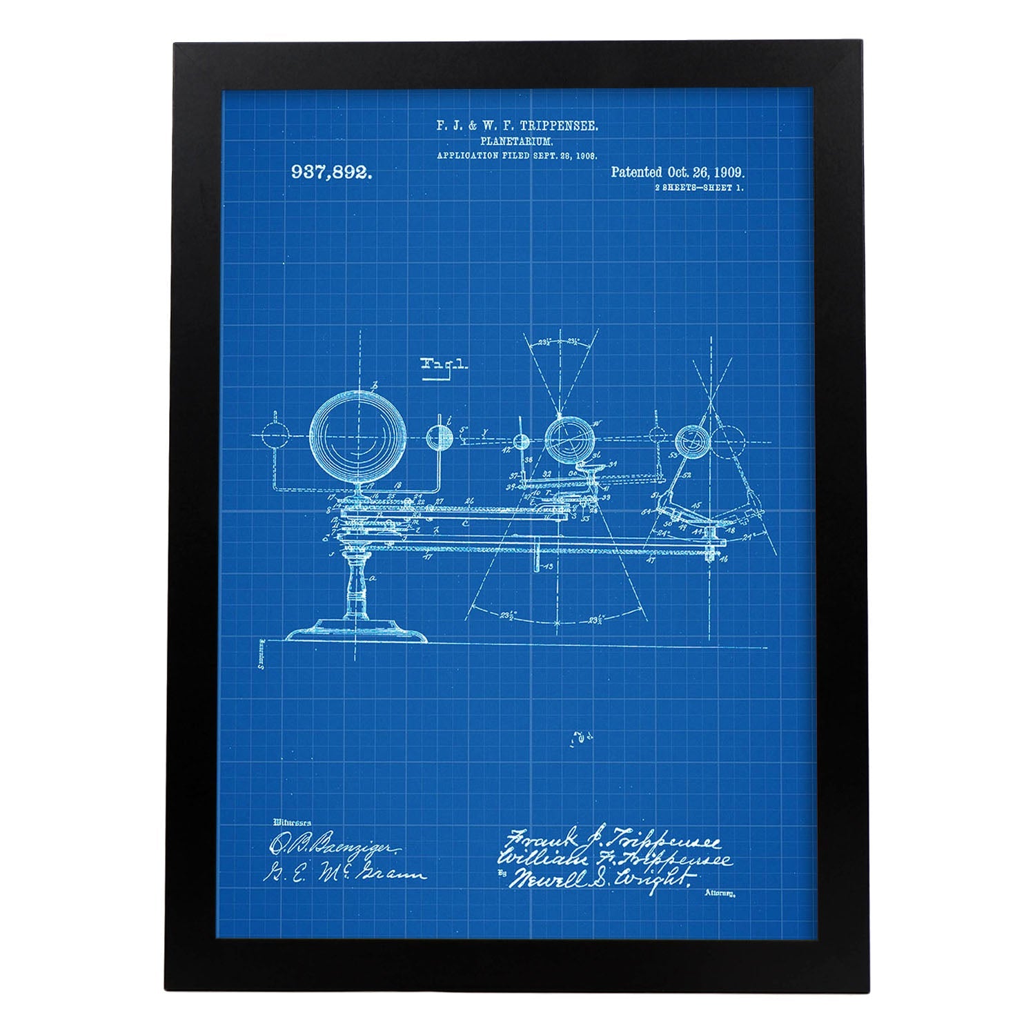Poster con patente de Planetario. Lámina con diseño de patente antigua-Artwork-Nacnic-A3-Marco Negro-Nacnic Estudio SL