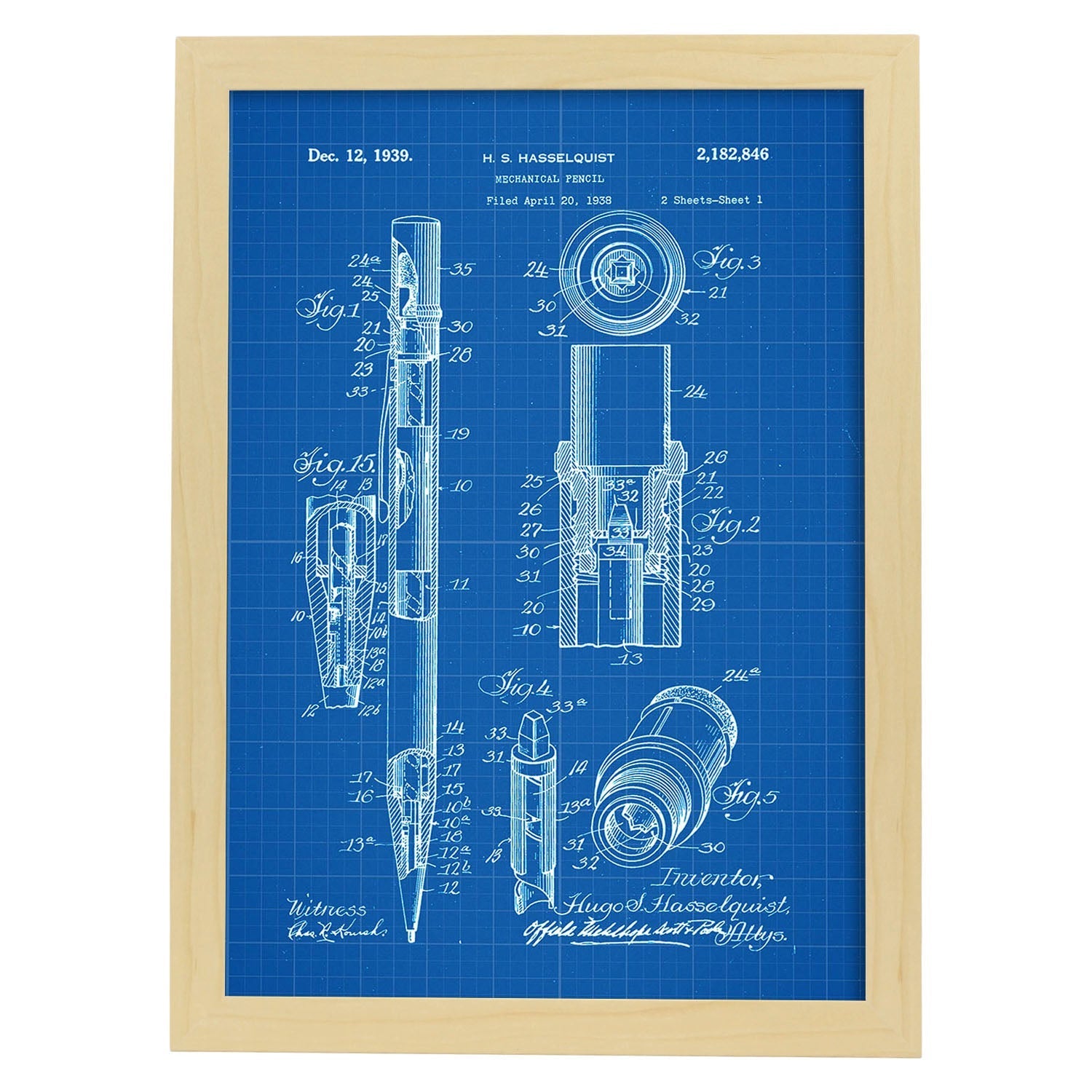 Poster con patente de Portaminas. Lámina con diseño de patente antigua-Artwork-Nacnic-A4-Marco Madera clara-Nacnic Estudio SL