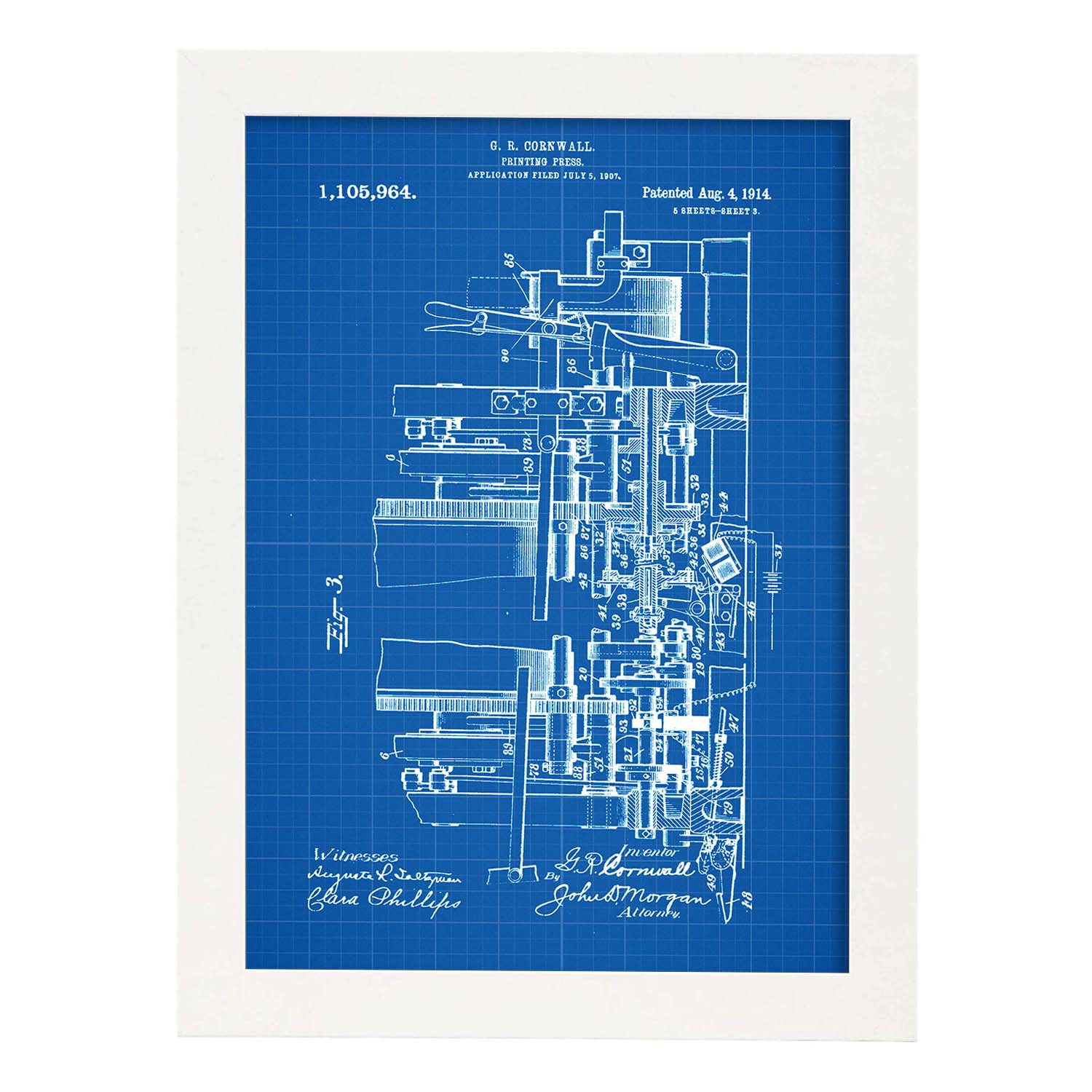 Poster con patente de Prensa de impresion 3. Lámina con diseño de patente antigua-Artwork-Nacnic-A4-Marco Blanco-Nacnic Estudio SL