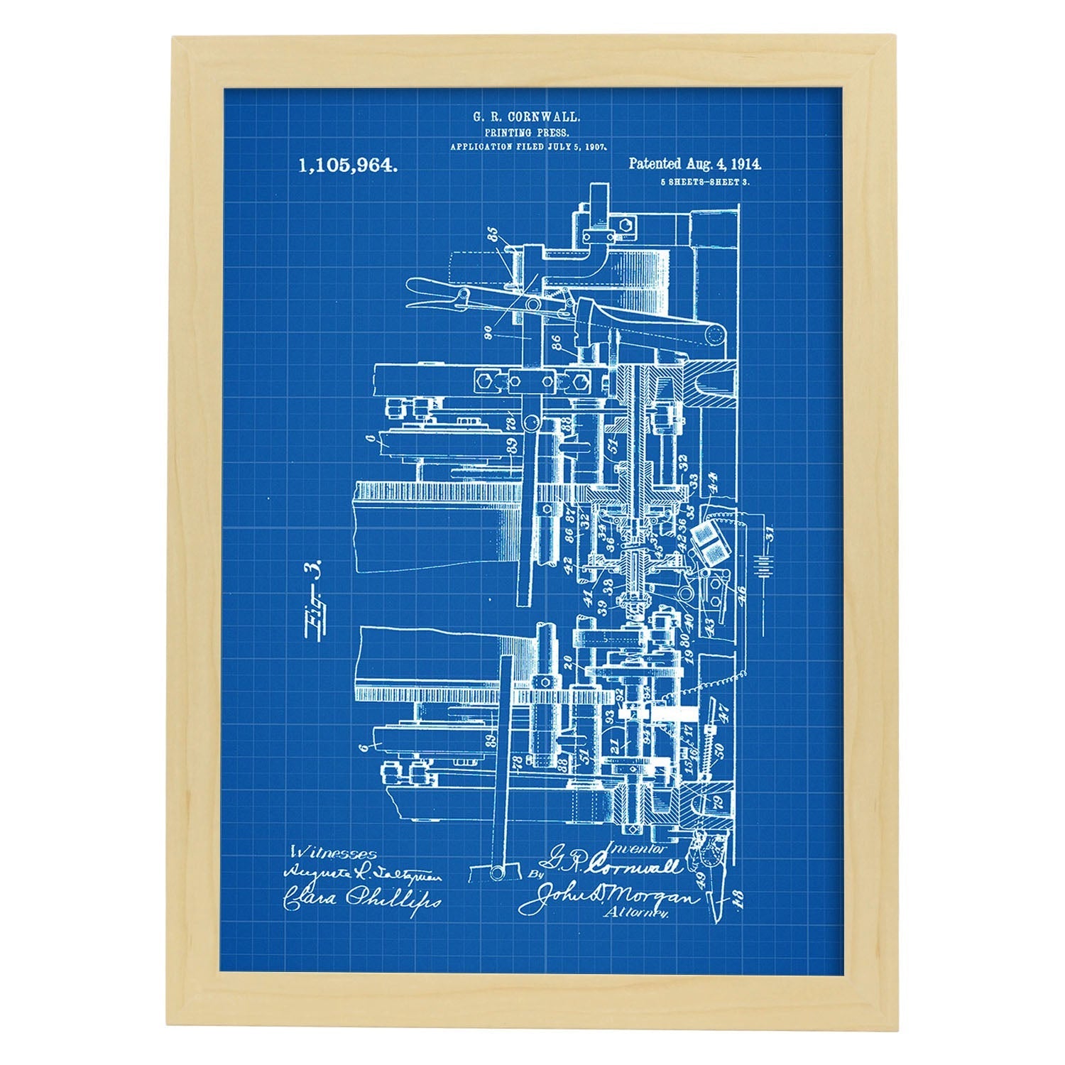 Poster con patente de Prensa de impresion 3. Lámina con diseño de patente antigua-Artwork-Nacnic-A4-Marco Madera clara-Nacnic Estudio SL