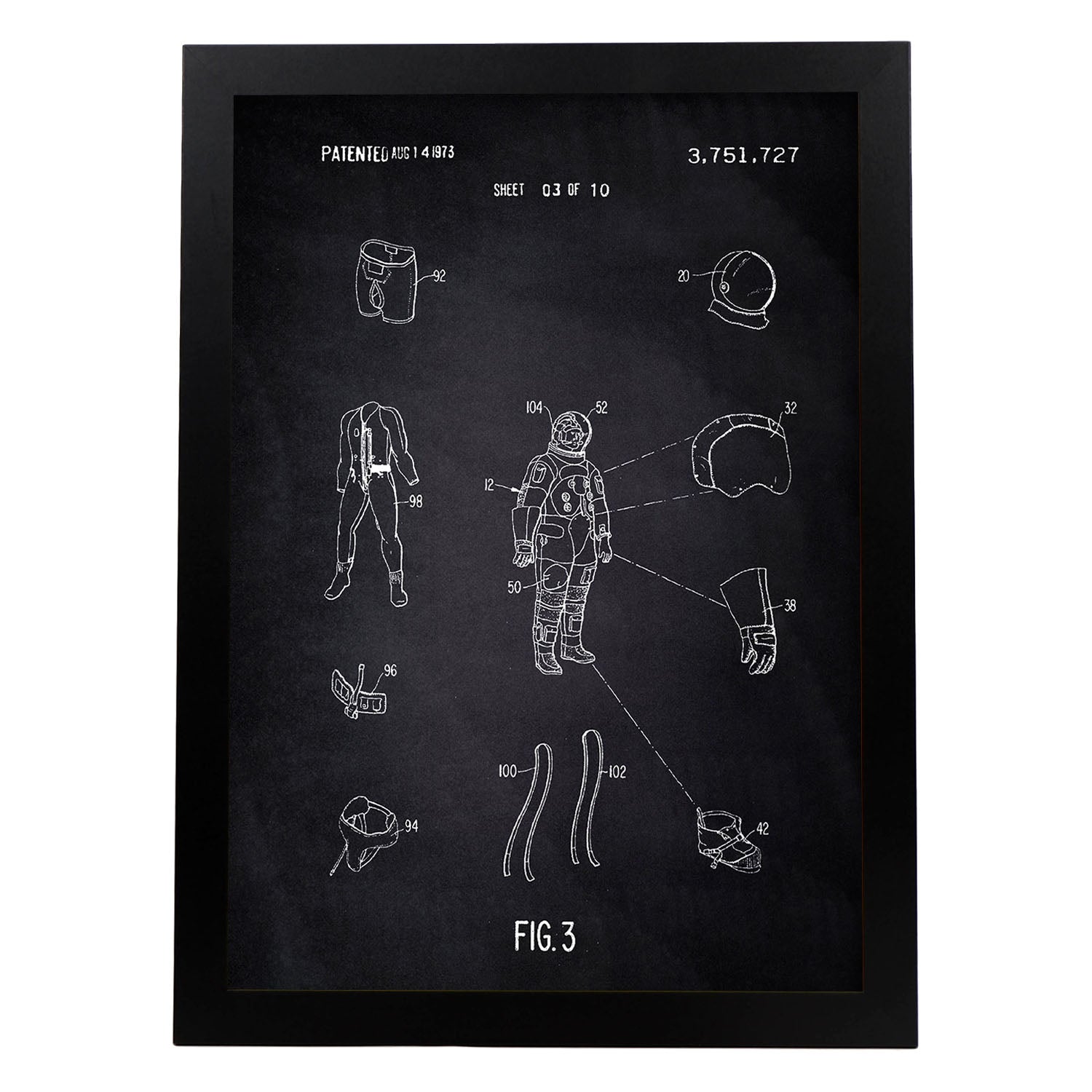 Poster con patente de Ropa astronauta1. Lámina con diseño de patente antigua-Artwork-Nacnic-A4-Marco Negro-Nacnic Estudio SL