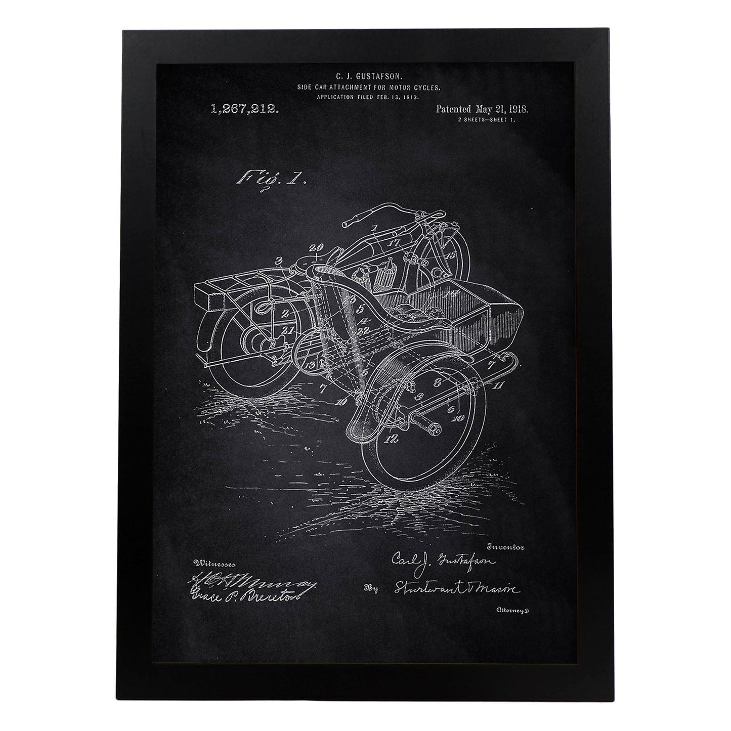 Poster con patente de Sidecar. Lámina con diseño de patente antigua-Artwork-Nacnic-A3-Marco Negro-Nacnic Estudio SL