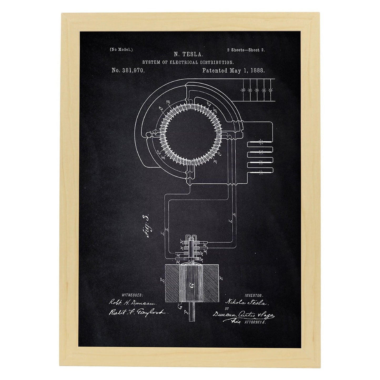 Poster con patente de Sistema de distribucion electrica. Lámina con diseño de patente antigua-Artwork-Nacnic-A4-Marco Madera clara-Nacnic Estudio SL