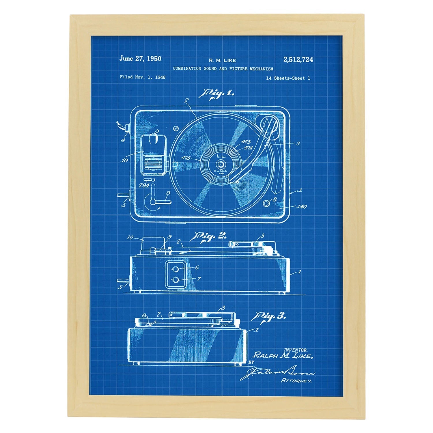 Poster con patente de Sonido e imagen 3. Lámina con diseño de patente antigua-Artwork-Nacnic-A3-Marco Madera clara-Nacnic Estudio SL