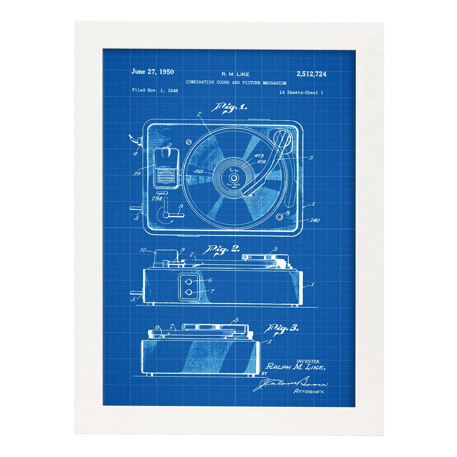 Poster con patente de Sonido e imagen 3. Lámina con diseño de patente antigua-Artwork-Nacnic-A4-Marco Blanco-Nacnic Estudio SL