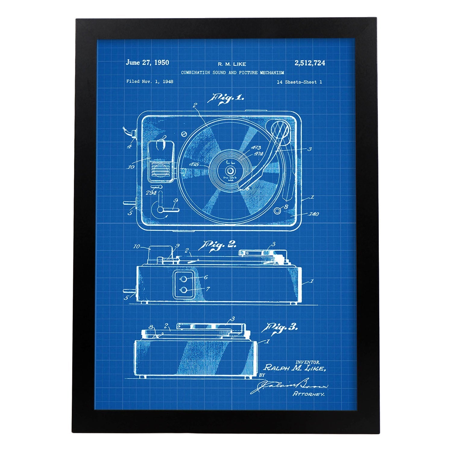 Poster con patente de Sonido e imagen 3. Lámina con diseño de patente antigua-Artwork-Nacnic-A4-Marco Negro-Nacnic Estudio SL