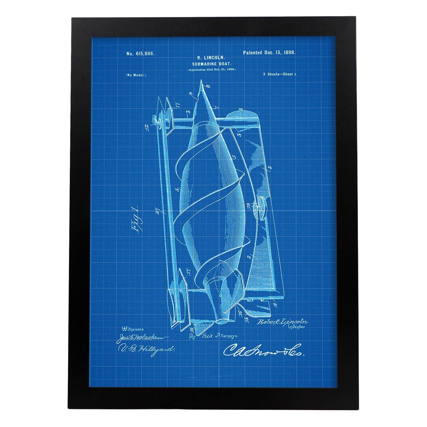 Poster con patente de Submarino. Lámina con diseño de patente antigua-Artwork-Nacnic-A3-Marco Negro-Nacnic Estudio SL