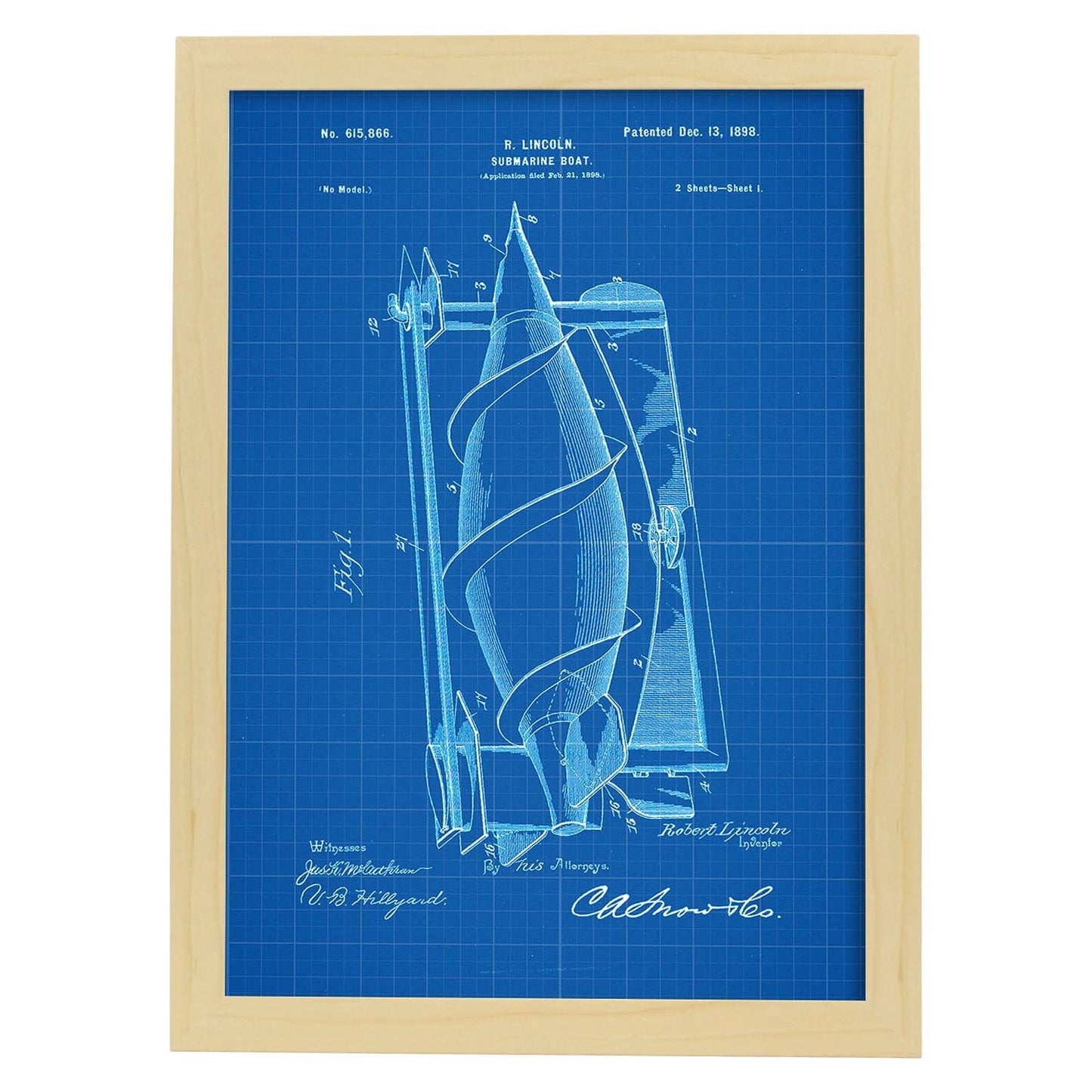 Poster con patente de Submarino. Lámina con diseño de patente antigua-Artwork-Nacnic-A4-Marco Madera clara-Nacnic Estudio SL