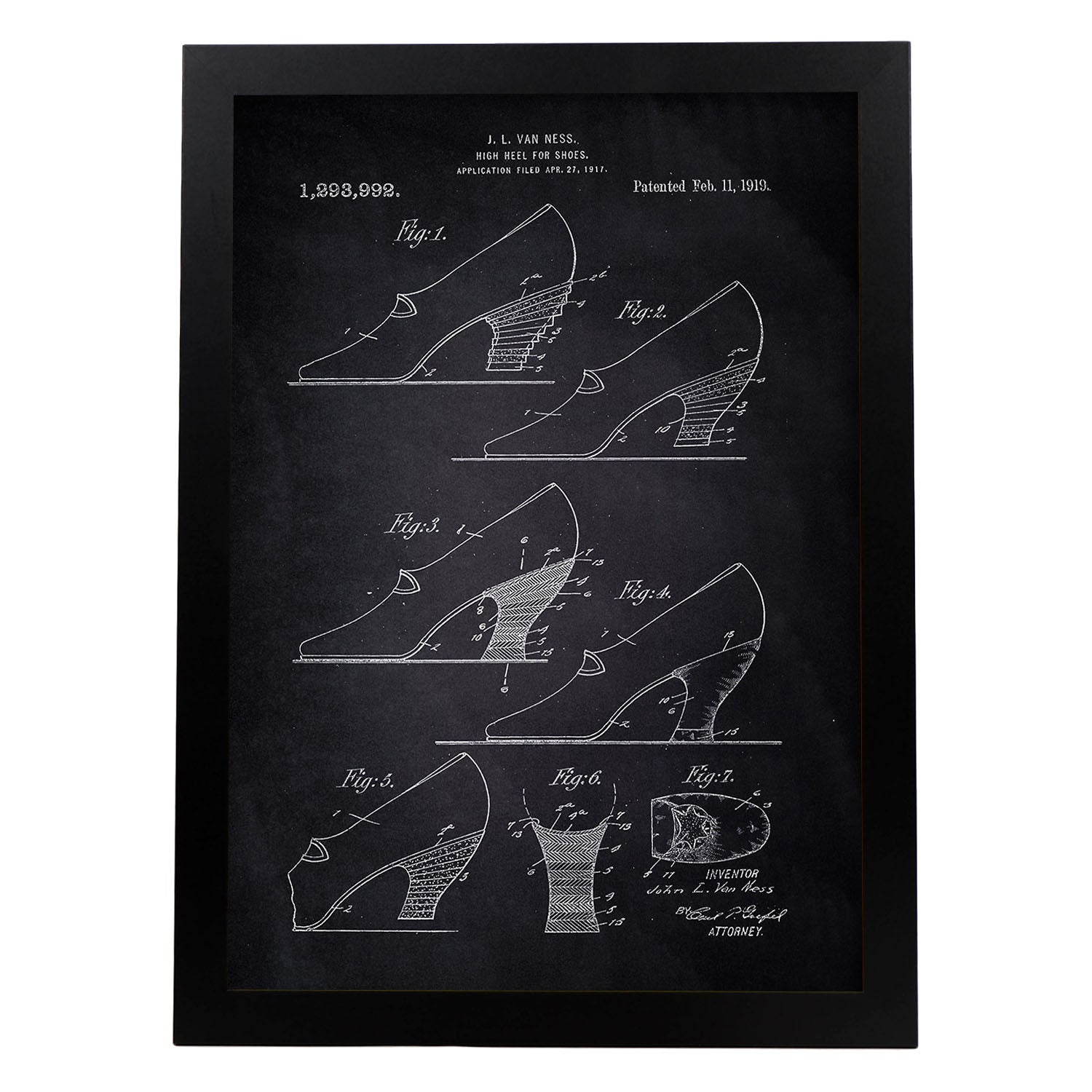Poster con patente de Tacon para zapatos. Lámina con diseño de patente antigua-Artwork-Nacnic-A4-Marco Negro-Nacnic Estudio SL