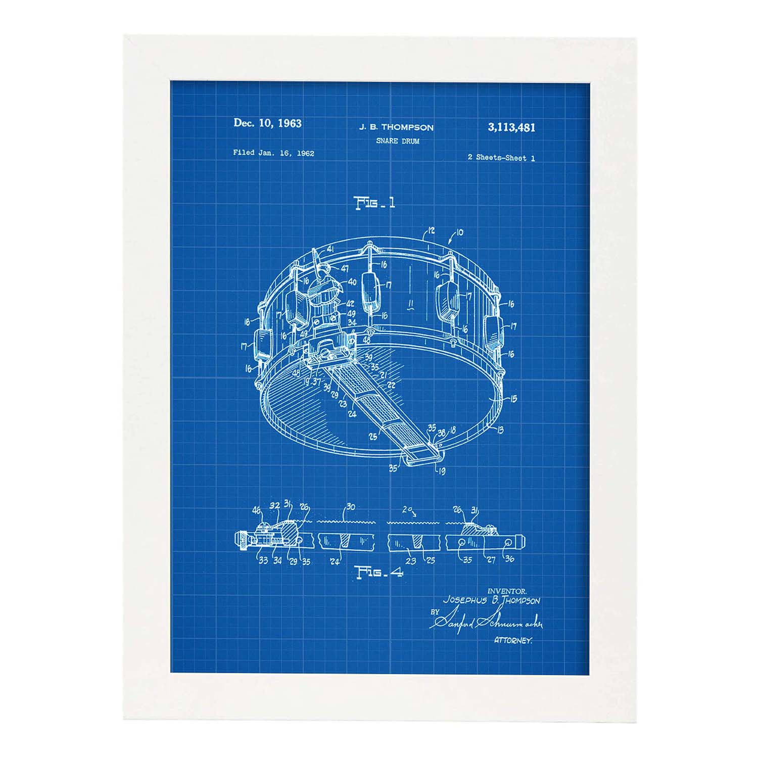 Poster con patente de Tambor. Lámina con diseño de patente antigua-Artwork-Nacnic-A3-Marco Blanco-Nacnic Estudio SL
