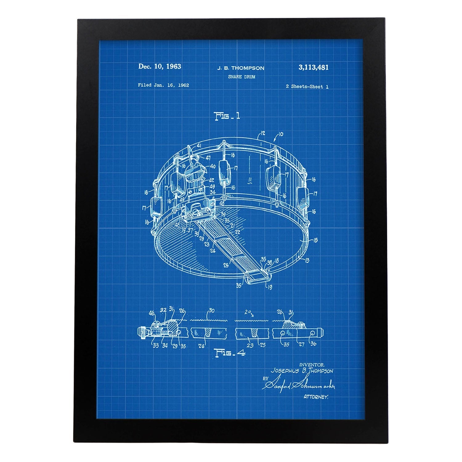 Poster con patente de Tambor. Lámina con diseño de patente antigua-Artwork-Nacnic-A3-Marco Negro-Nacnic Estudio SL