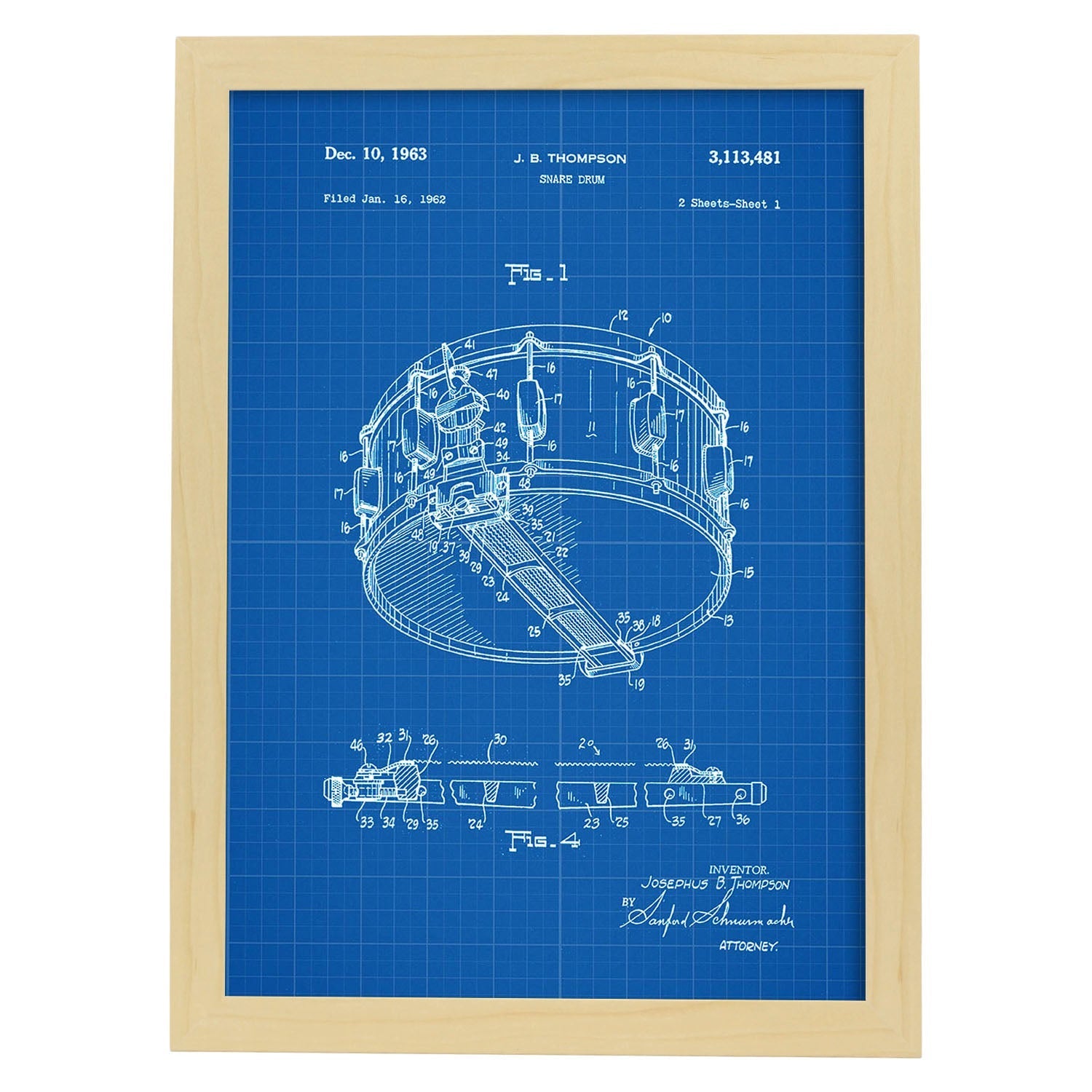Poster con patente de Tambor. Lámina con diseño de patente antigua-Artwork-Nacnic-A4-Marco Madera clara-Nacnic Estudio SL