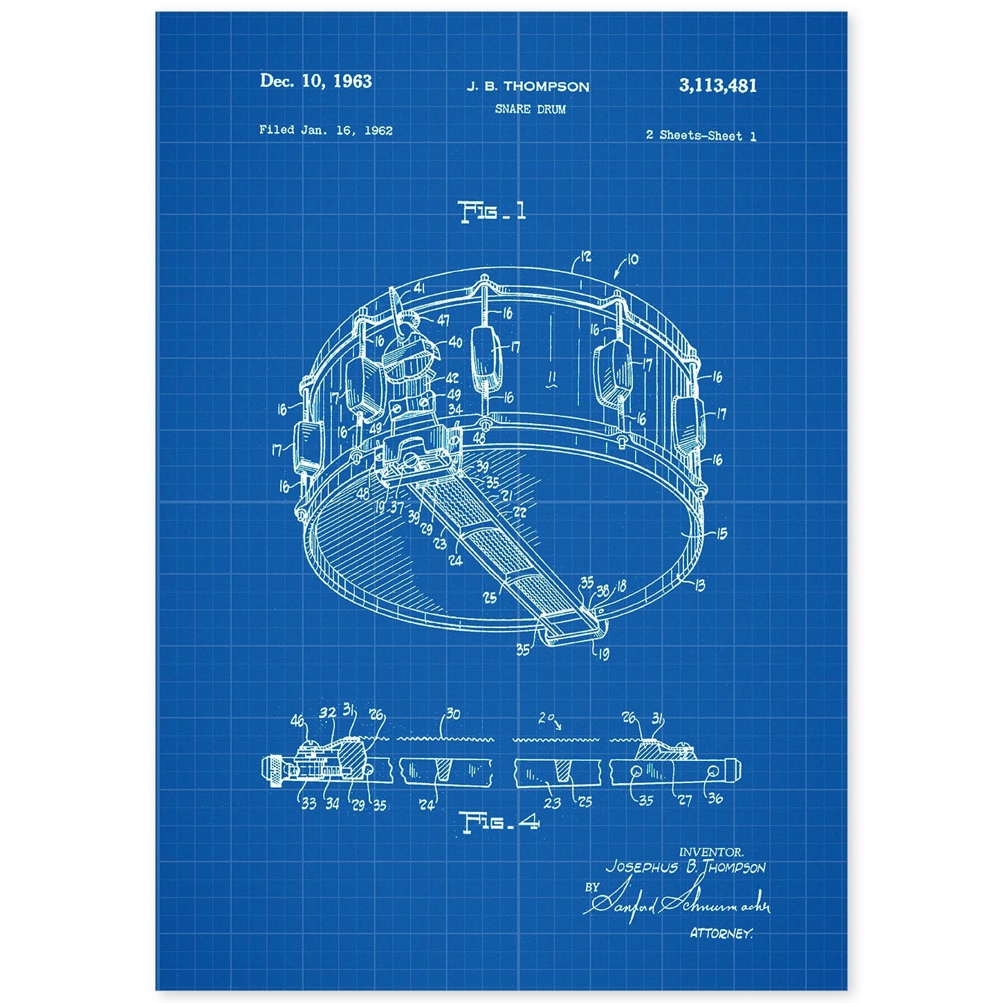 Poster con patente de Tambor. Lámina con diseño de patente antigua-Artwork-Nacnic-A4-Sin marco-Nacnic Estudio SL