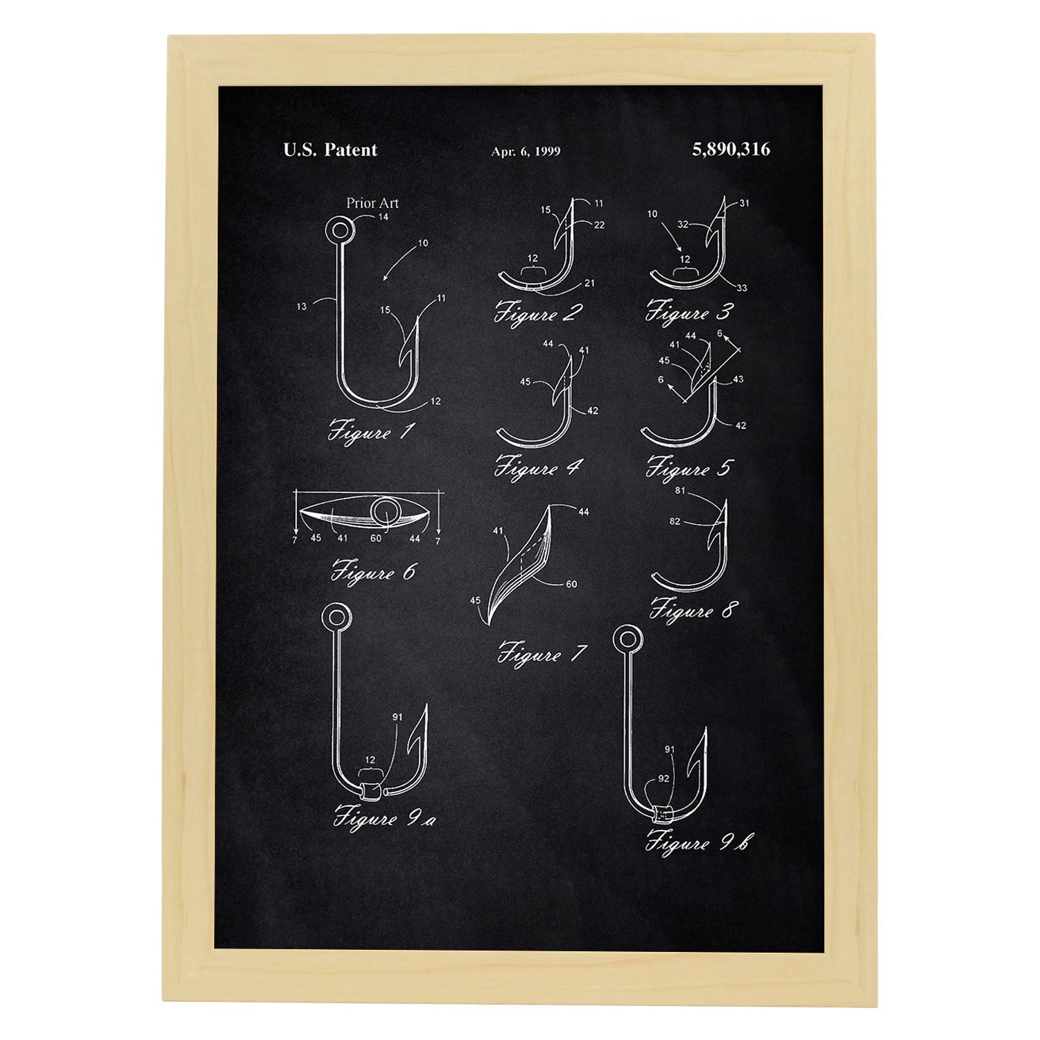 Poster con patente de Tipos de anzuelos. Lámina con diseño de patente antigua-Artwork-Nacnic-A4-Marco Madera clara-Nacnic Estudio SL