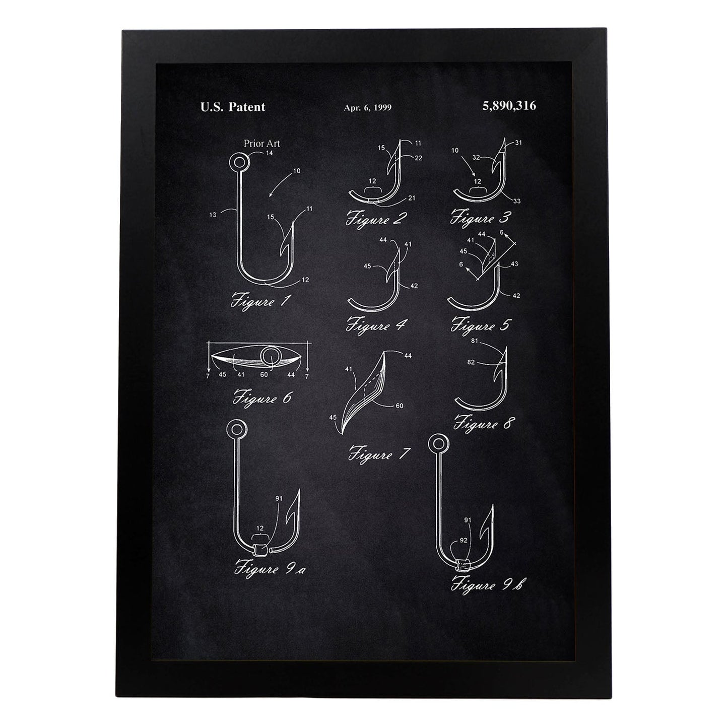 Poster con patente de Tipos de anzuelos. Lámina con diseño de patente antigua-Artwork-Nacnic-A4-Marco Negro-Nacnic Estudio SL