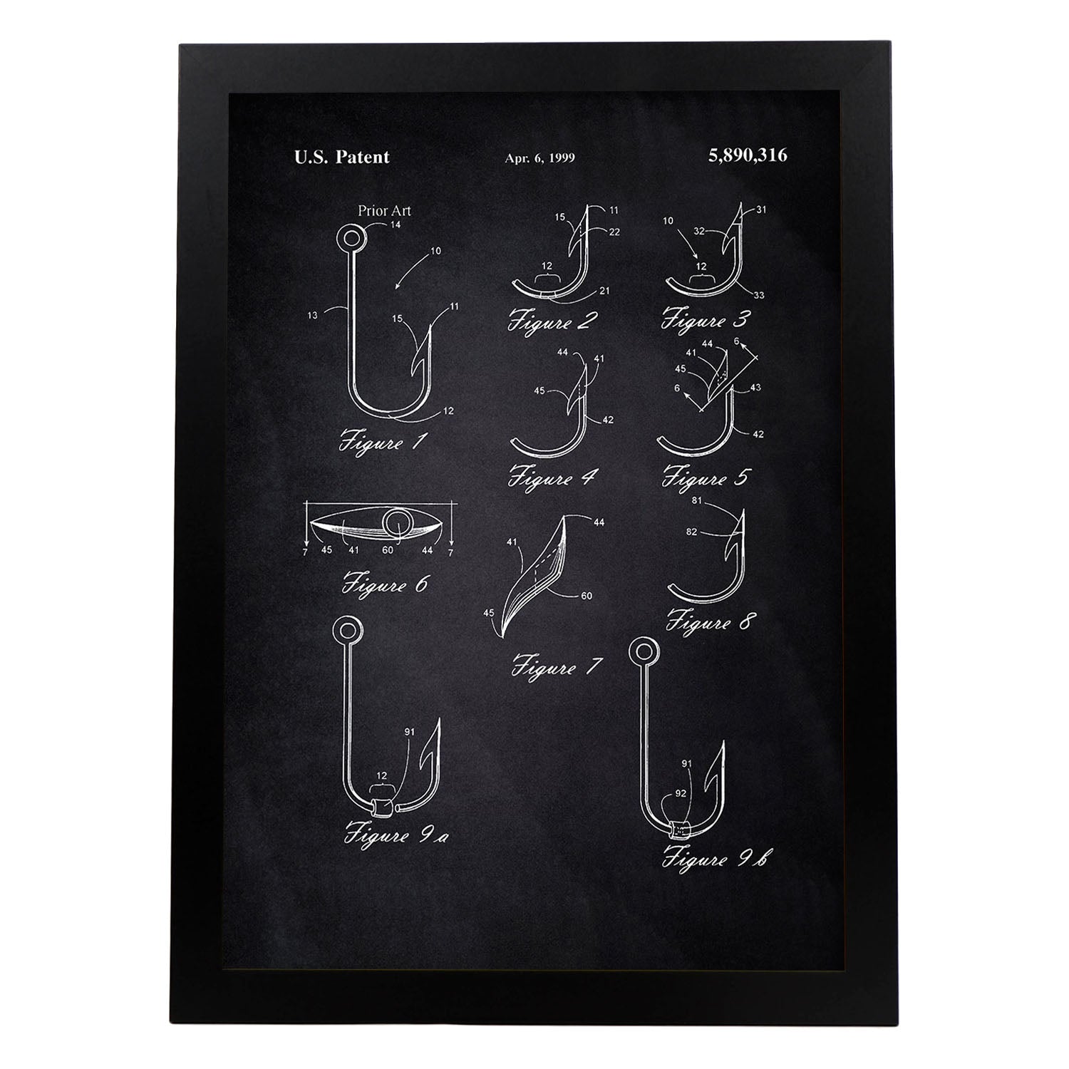 Poster con patente de Tipos de anzuelos. Lámina con diseño de patente antigua-Artwork-Nacnic-A4-Marco Negro-Nacnic Estudio SL
