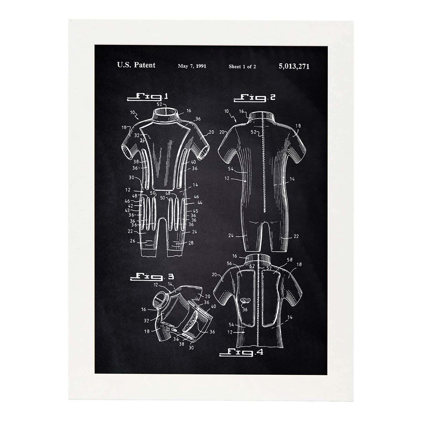 Poster con patente de Traje de neopreno. Lámina con diseño de patente antigua-Artwork-Nacnic-A3-Marco Blanco-Nacnic Estudio SL