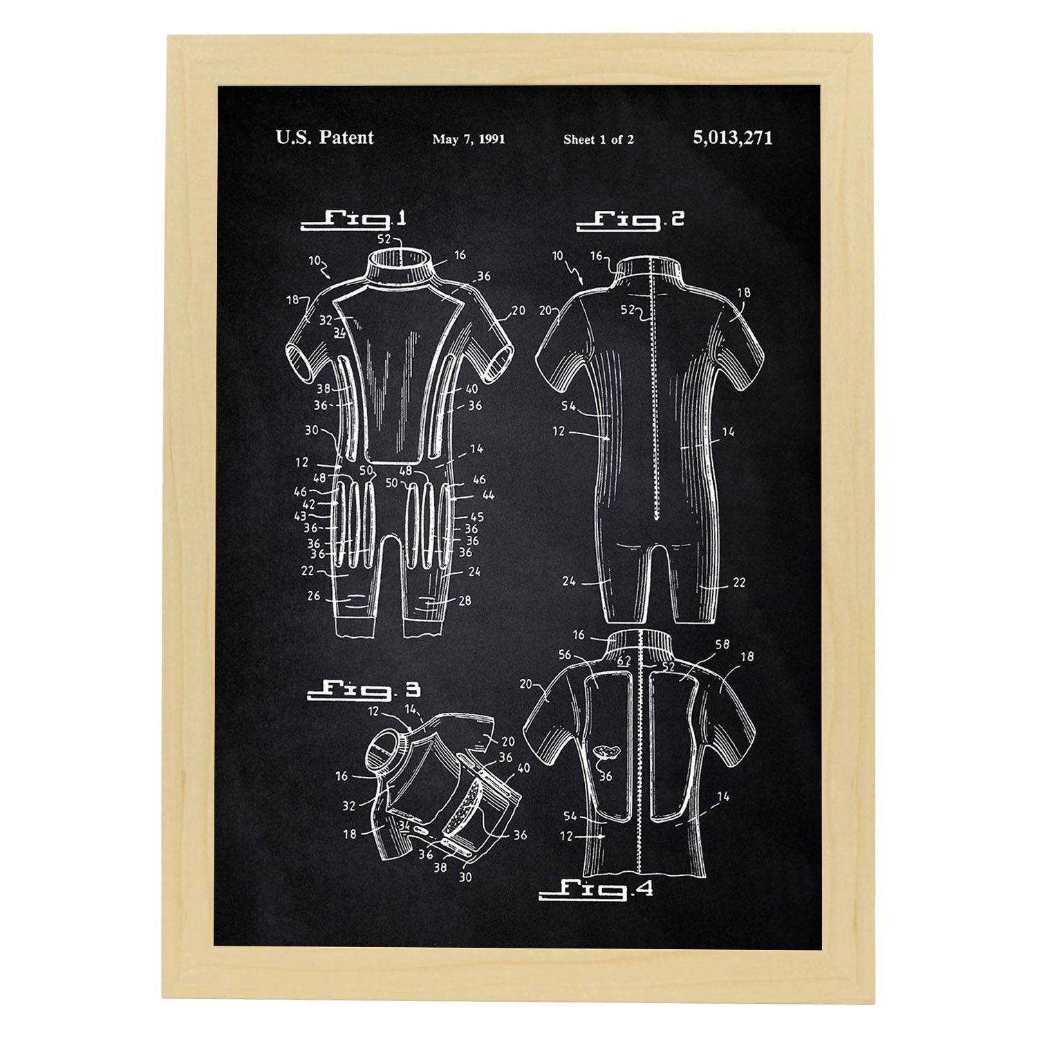 Poster con patente de Traje de neopreno. Lámina con diseño de patente antigua-Artwork-Nacnic-A3-Marco Madera clara-Nacnic Estudio SL