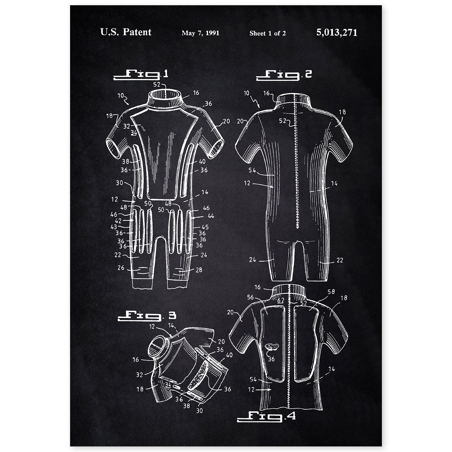 Poster con patente de Traje de neopreno. Lámina con diseño de patente antigua-Artwork-Nacnic-A4-Sin marco-Nacnic Estudio SL