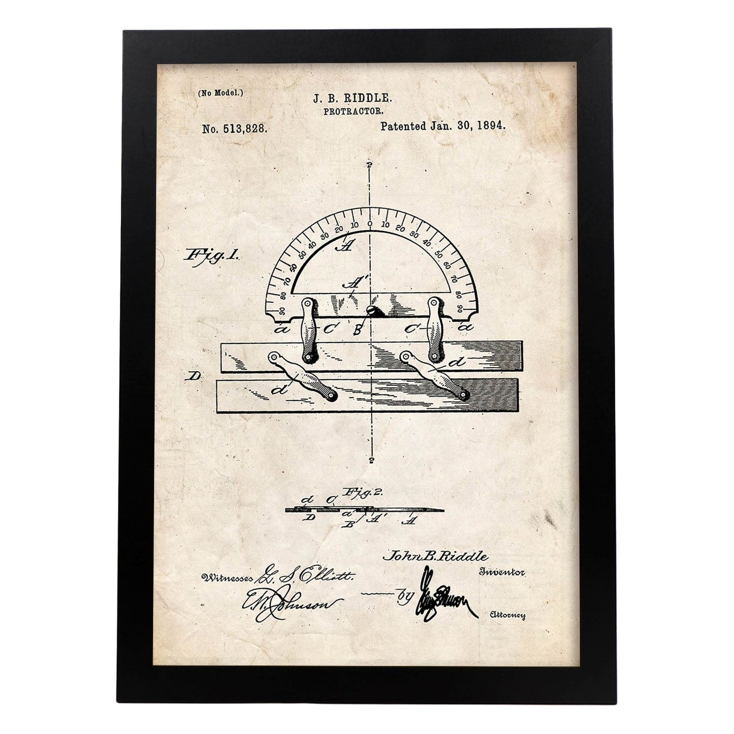 Poster con patente de Transportador de ángulos regla. Lámina con diseño de patente antigua.-Artwork-Nacnic-A3-Marco Negro-Nacnic Estudio SL