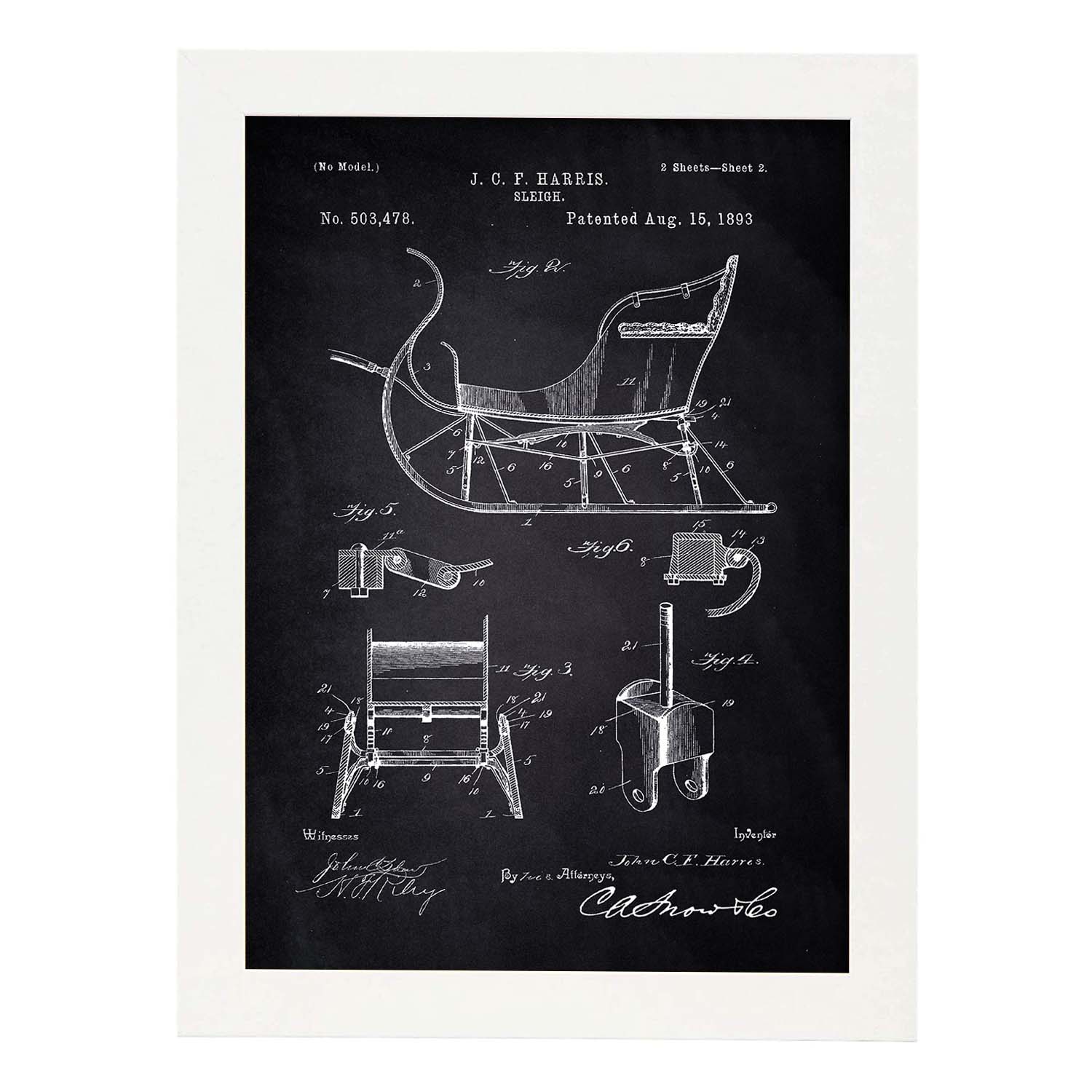 Poster con patente de Trineo. Lámina con diseño de patente antigua-Artwork-Nacnic-A3-Marco Blanco-Nacnic Estudio SL