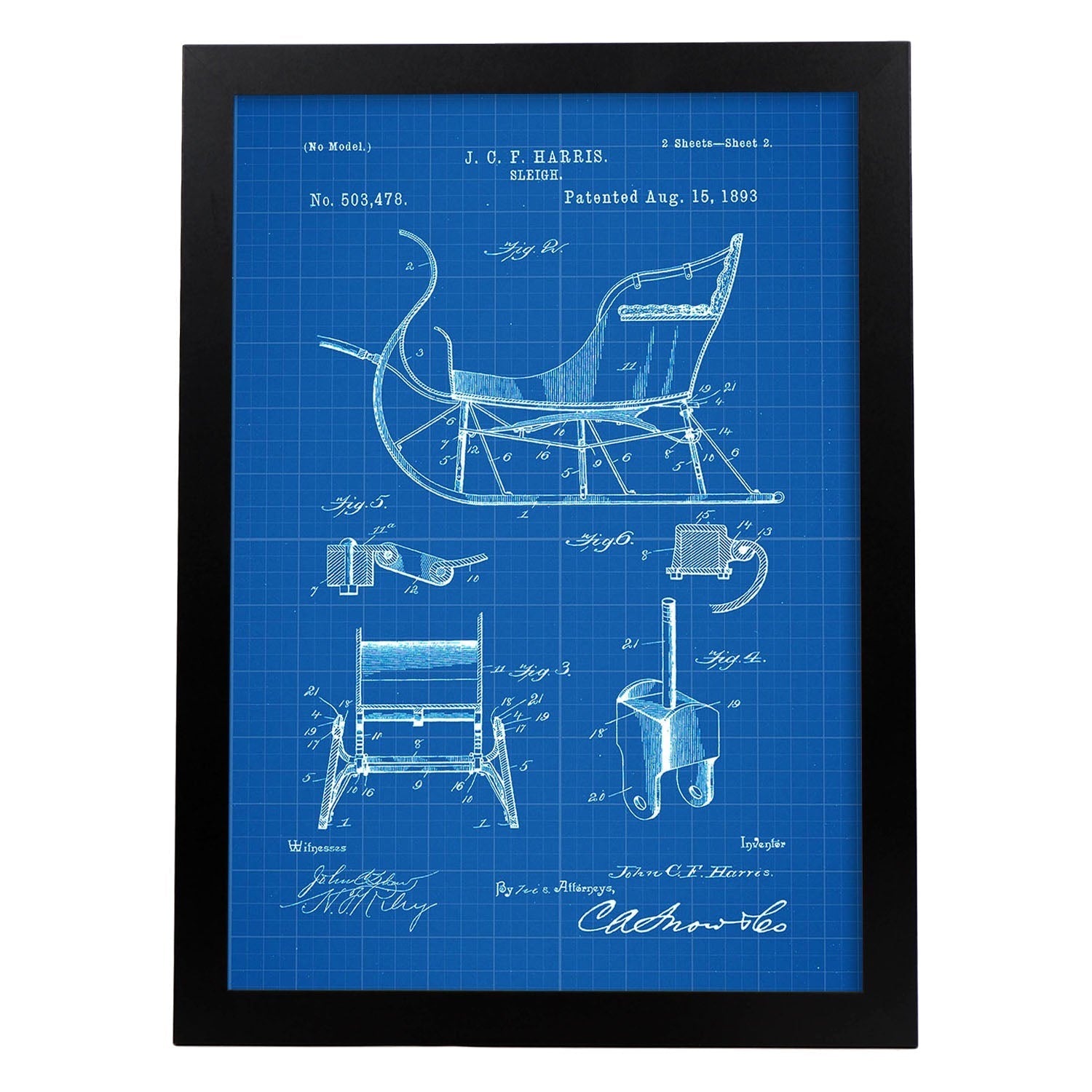 Poster con patente de Trineo. Lámina con diseño de patente antigua-Artwork-Nacnic-A3-Marco Negro-Nacnic Estudio SL