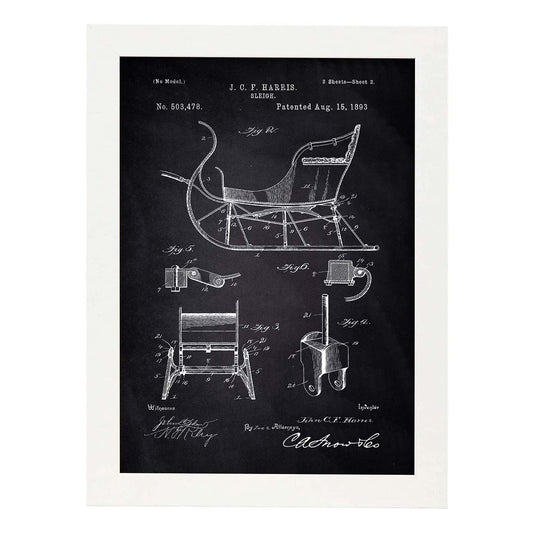 Poster con patente de Trineo. Lámina con diseño de patente antigua-Artwork-Nacnic-A4-Marco Blanco-Nacnic Estudio SL