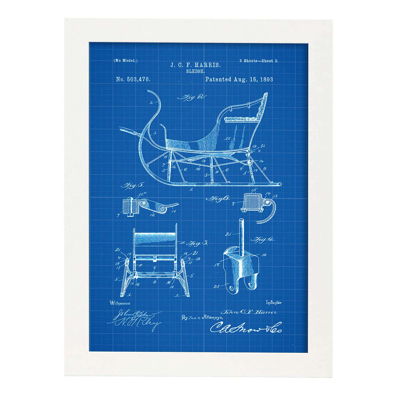 Poster con patente de Trineo. Lámina con diseño de patente antigua-Artwork-Nacnic-A4-Marco Blanco-Nacnic Estudio SL