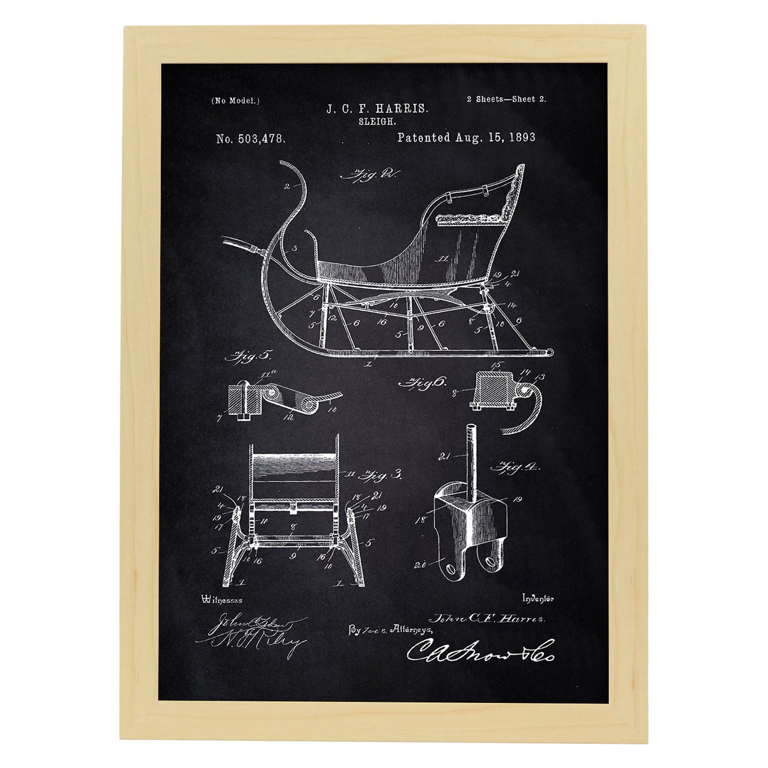 Poster con patente de Trineo. Lámina con diseño de patente antigua-Artwork-Nacnic-A4-Marco Madera clara-Nacnic Estudio SL