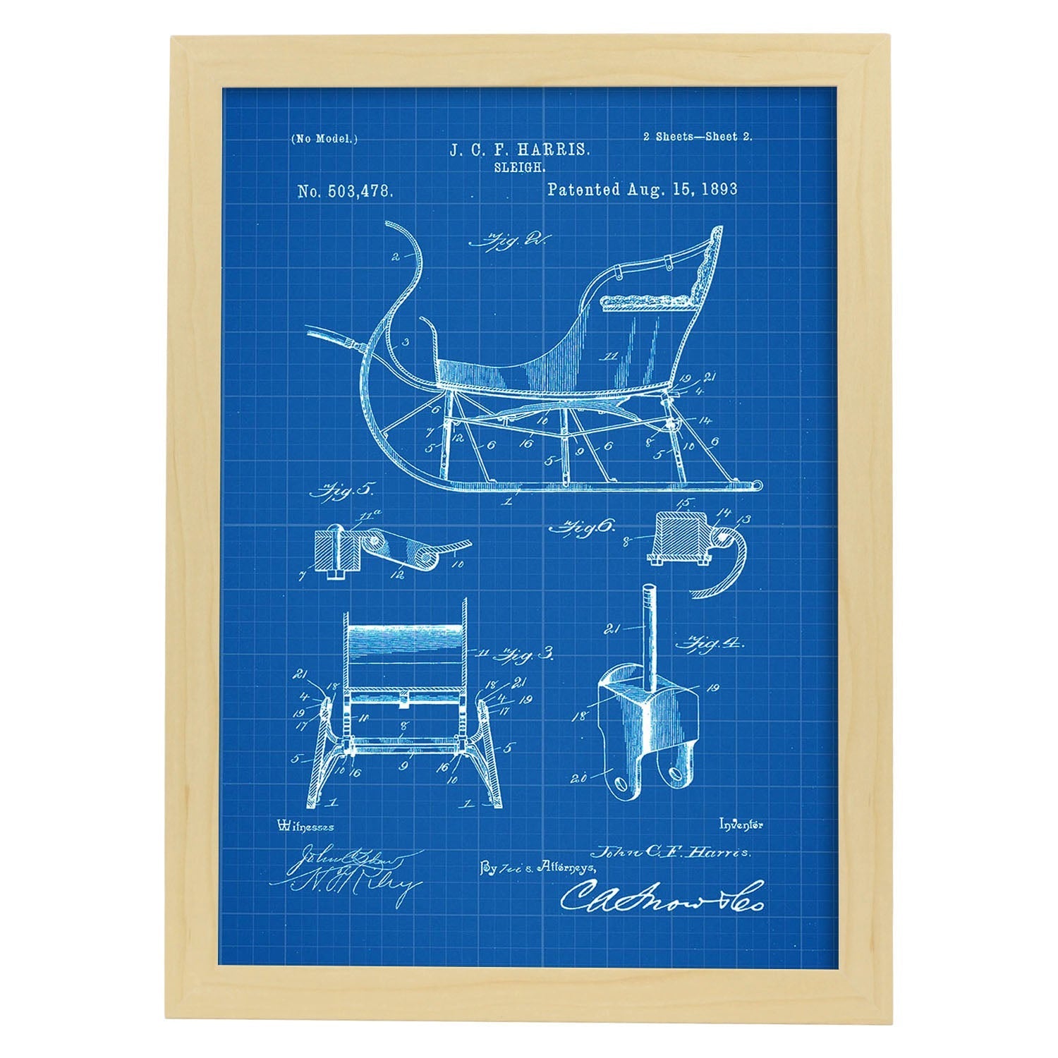 Poster con patente de Trineo. Lámina con diseño de patente antigua-Artwork-Nacnic-A4-Marco Madera clara-Nacnic Estudio SL