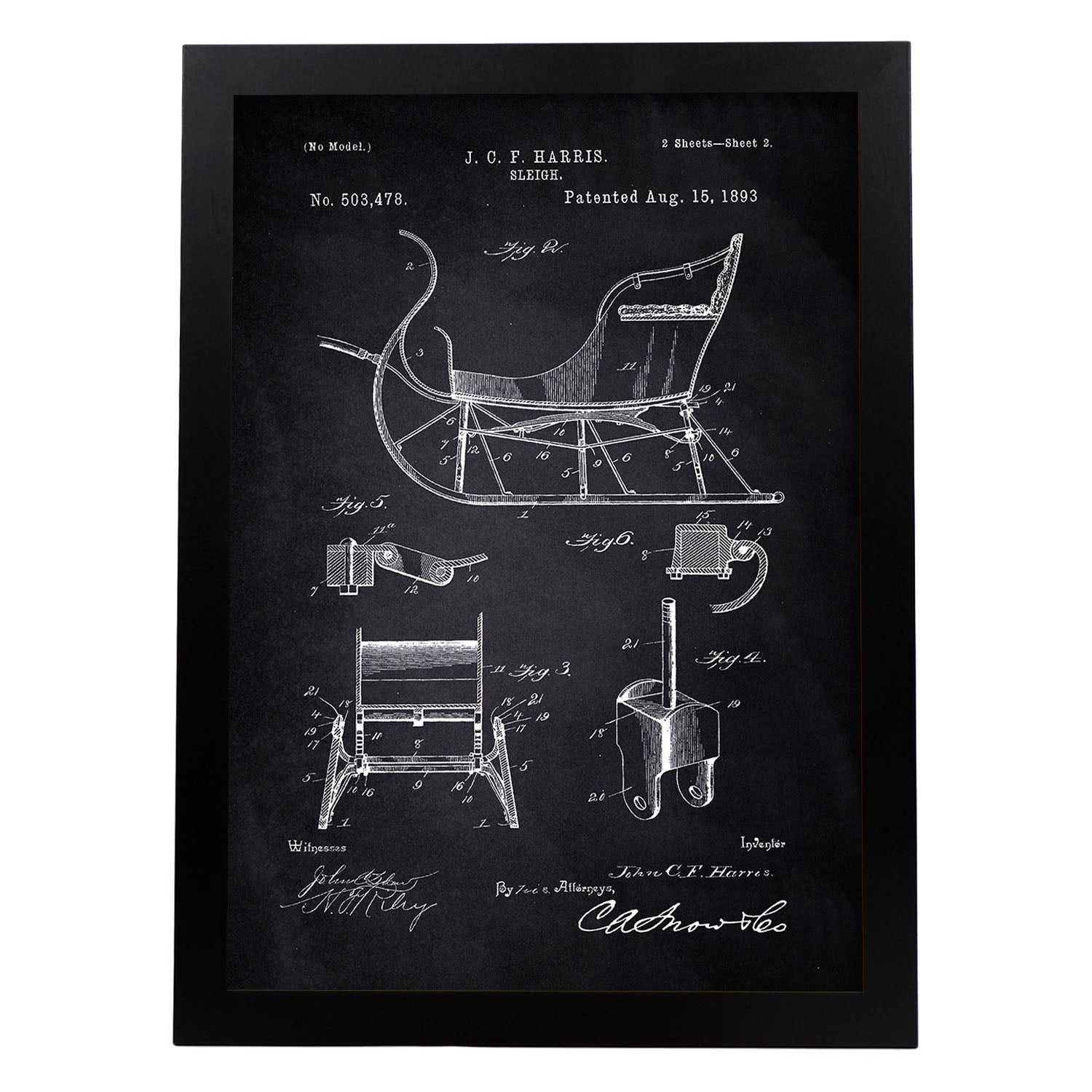 Poster con patente de Trineo. Lámina con diseño de patente antigua-Artwork-Nacnic-A4-Marco Negro-Nacnic Estudio SL