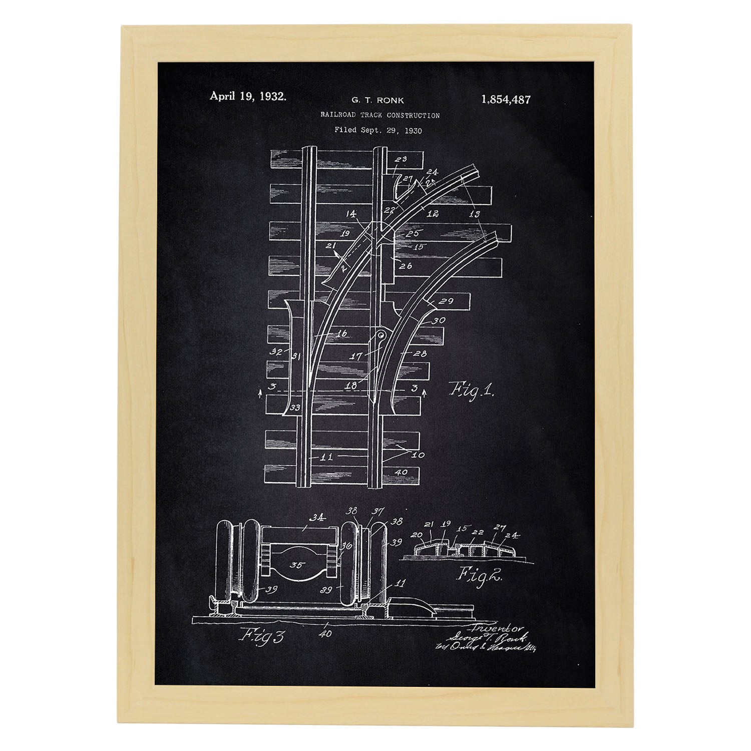 Poster con patente de Via de tren. Lámina con diseño de patente antigua-Artwork-Nacnic-A4-Marco Madera clara-Nacnic Estudio SL