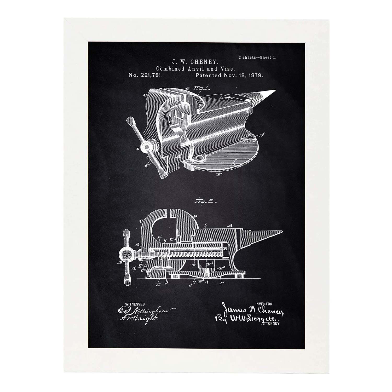 Poster con patente de Yunque con garra. Lámina con diseño de patente antigua-Artwork-Nacnic-A4-Marco Blanco-Nacnic Estudio SL