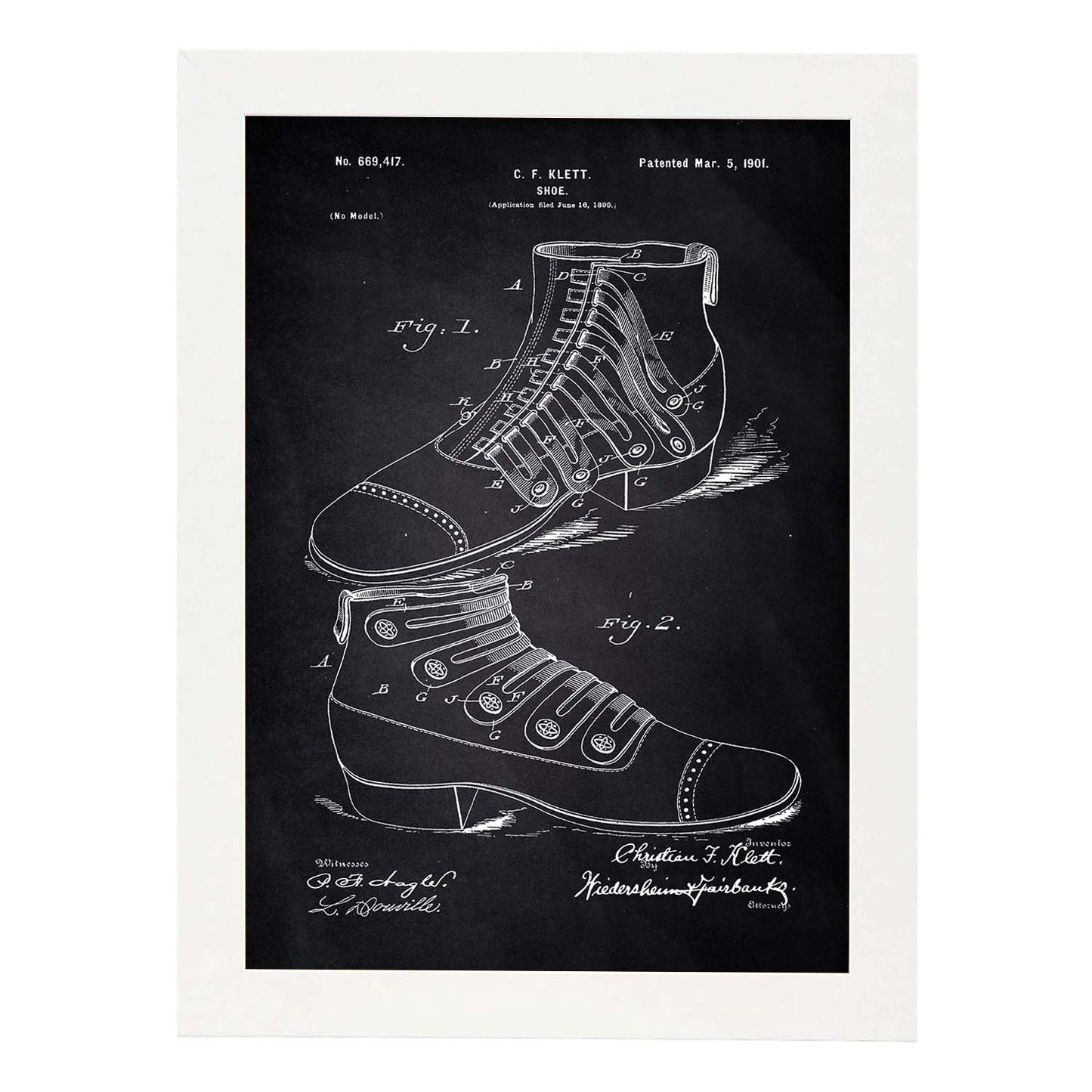 Poster con patente de Zapato botin. Lámina con diseño de patente antigua-Artwork-Nacnic-A3-Marco Blanco-Nacnic Estudio SL