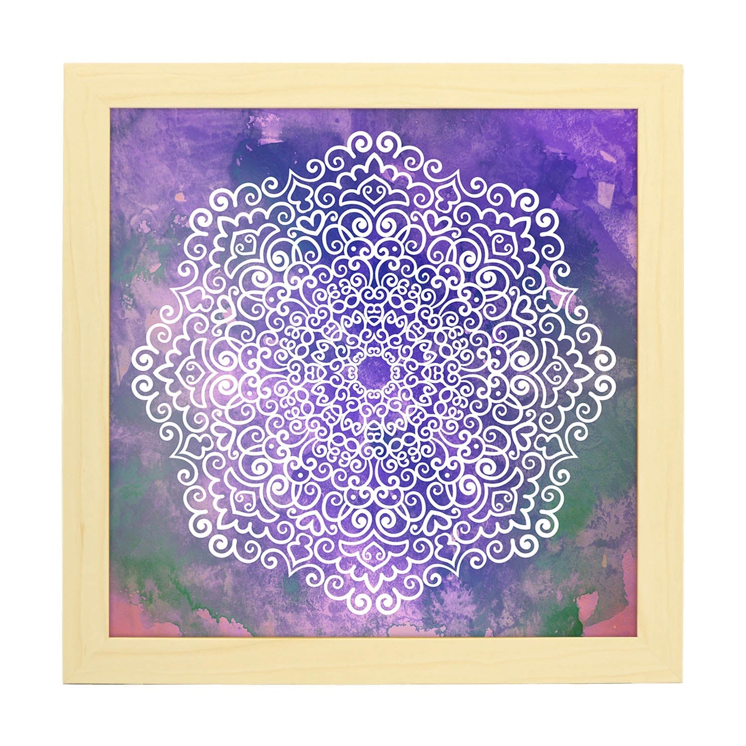 Poster cuadrado con dibujos de mandalas. Lámina Mandala azul claro Éter, ilustrada con mandalas coloridos y complejos.-Artwork-Nacnic-20x20 cm-Marco Madera clara-Nacnic Estudio SL
