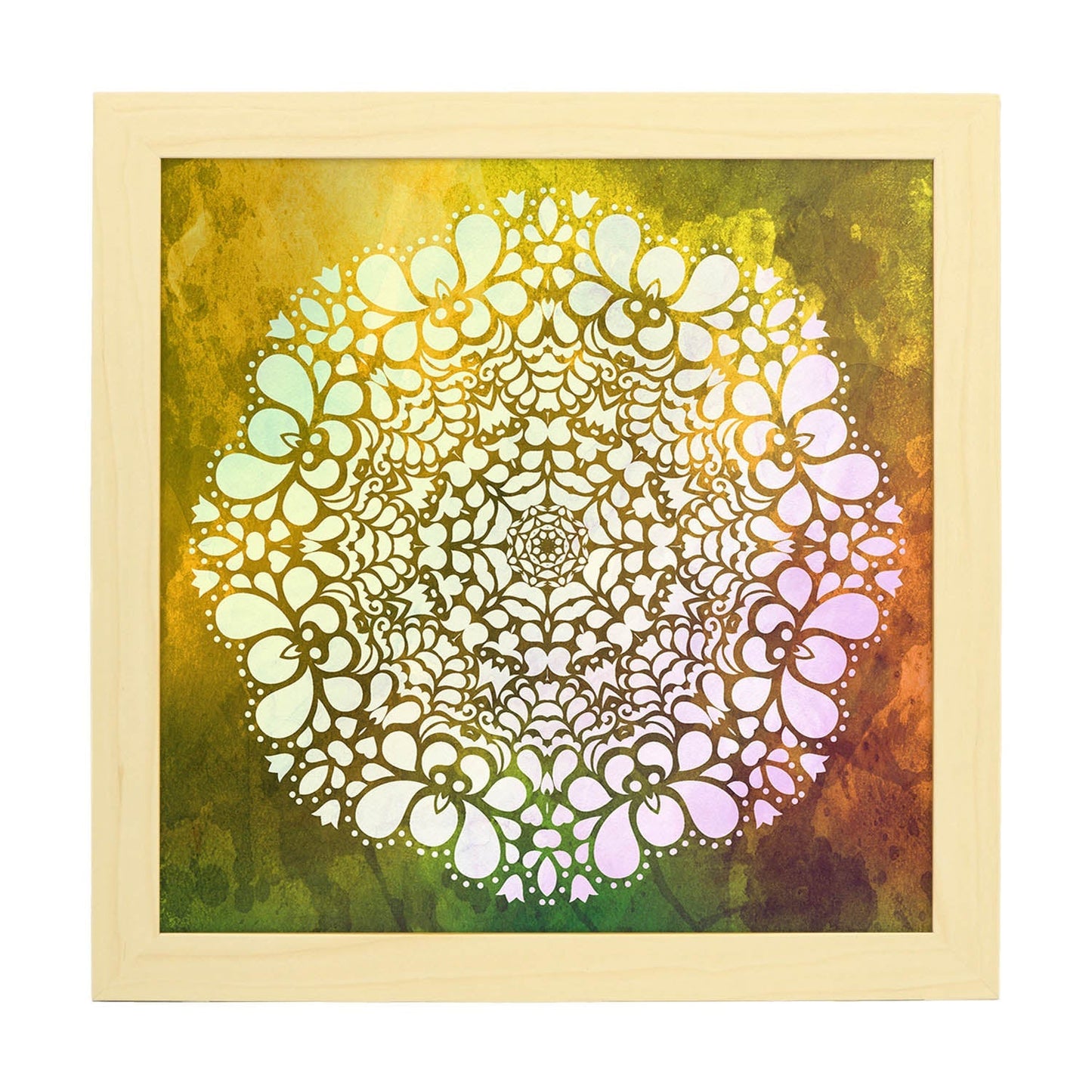 Poster cuadrado con dibujos de mandalas. Lámina Mandala del equilibrio, ilustrada con mandalas coloridos y complejos.-Artwork-Nacnic-20x20 cm-Marco Madera clara-Nacnic Estudio SL