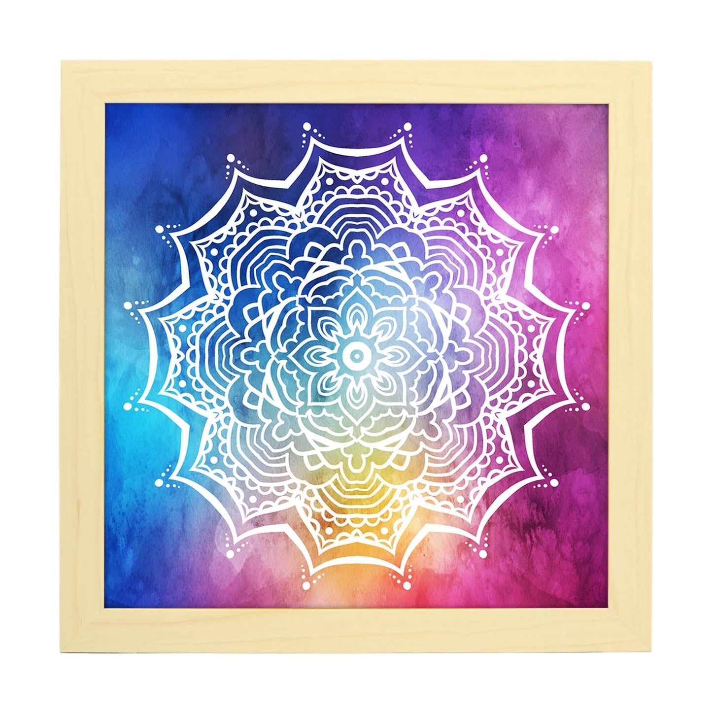 Poster cuadrado con dibujos de mandalas. Lámina mandala eléctrico, ilustrada con mandalas coloridos y complejos.-Artwork-Nacnic-25x25 cm-Marco Madera clara-Nacnic Estudio SL