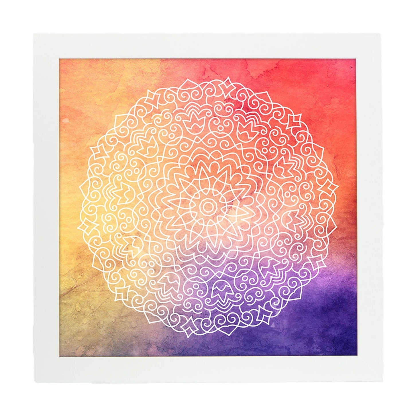 Poster cuadrado con dibujos de mandalas. Lámina Mandala Fuerza del Sol, ilustrada con mandalas coloridos y complejos.-Artwork-Nacnic-20x20 cm-Marco Blanco-Nacnic Estudio SL