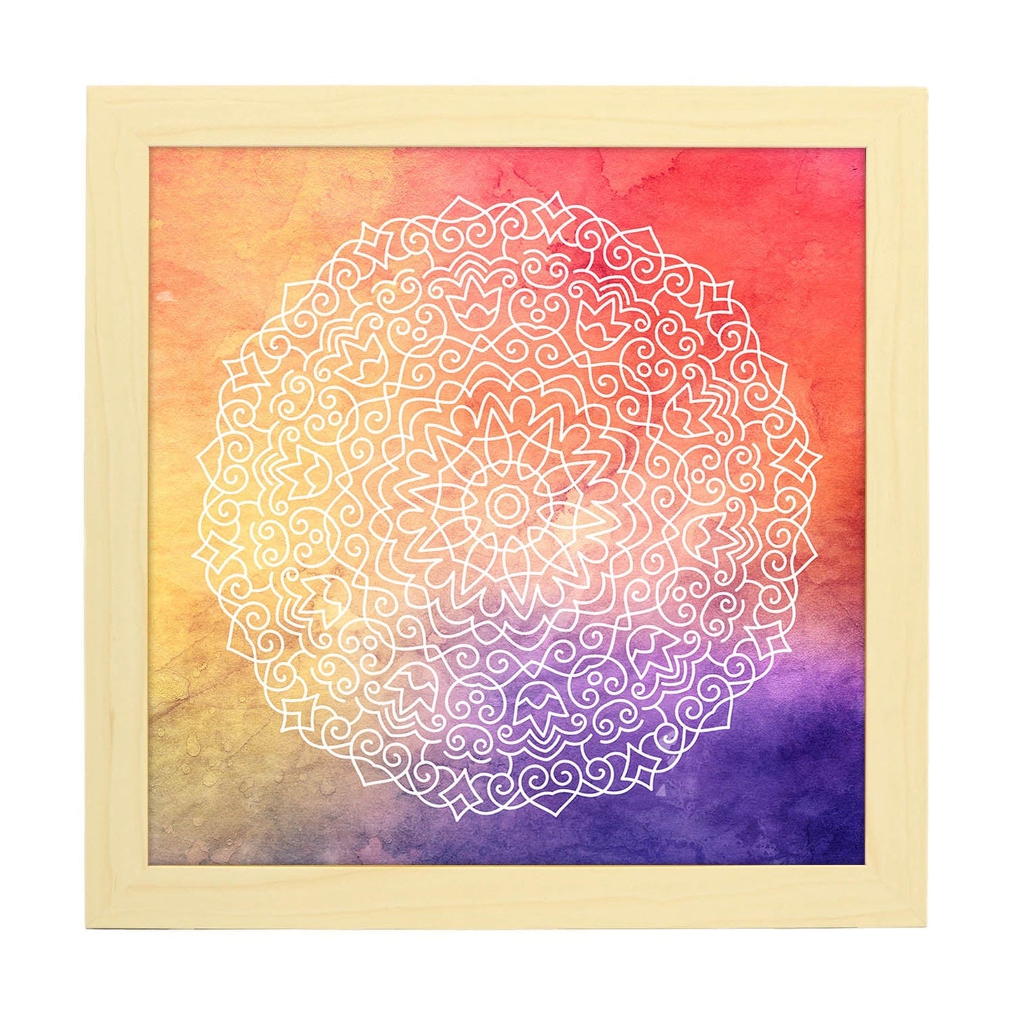 Poster cuadrado con dibujos de mandalas. Lámina Mandala Fuerza del Sol, ilustrada con mandalas coloridos y complejos.-Artwork-Nacnic-20x20 cm-Marco Madera clara-Nacnic Estudio SL